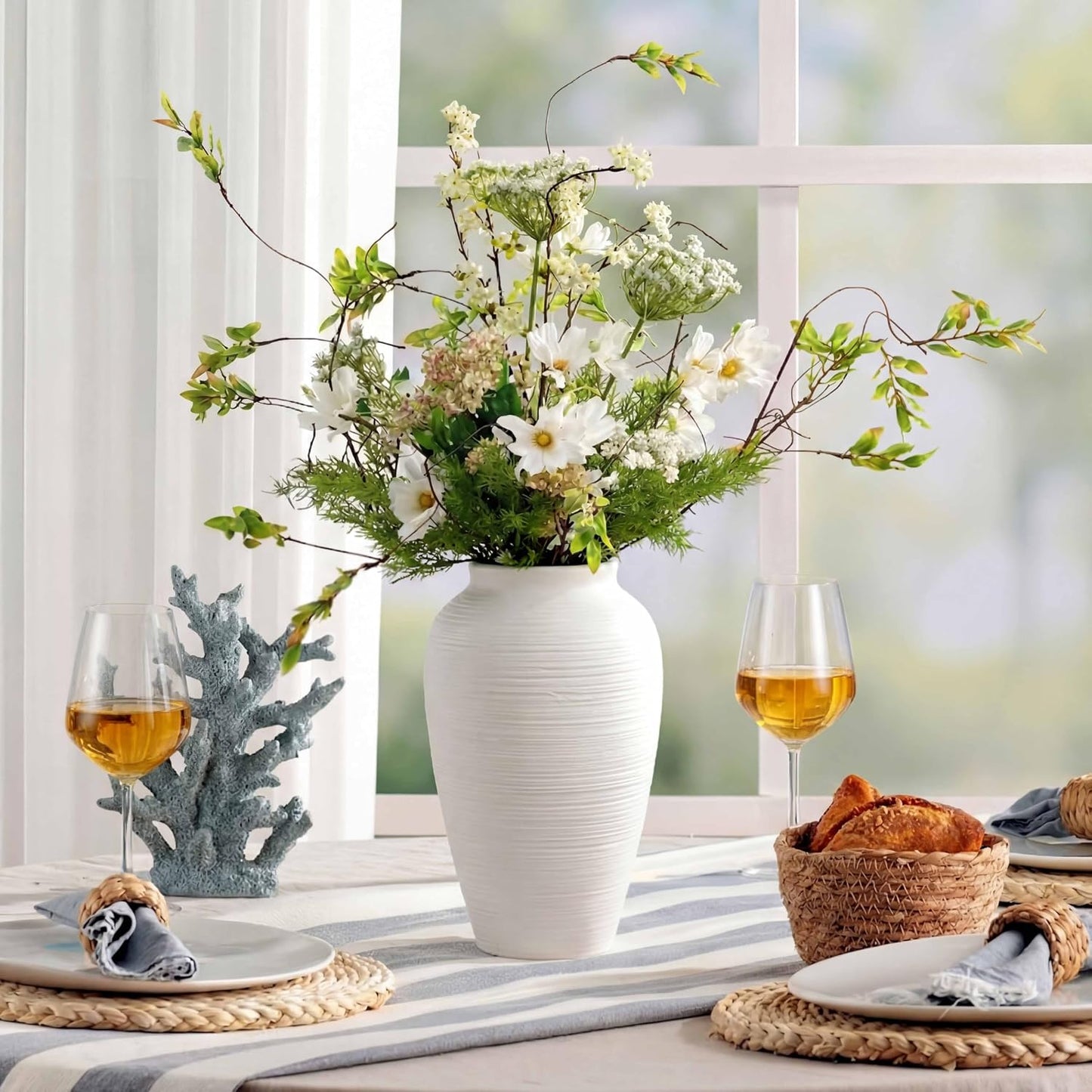 Off-White 10" Ceramic Vase / White Ribbed - 10" Medium