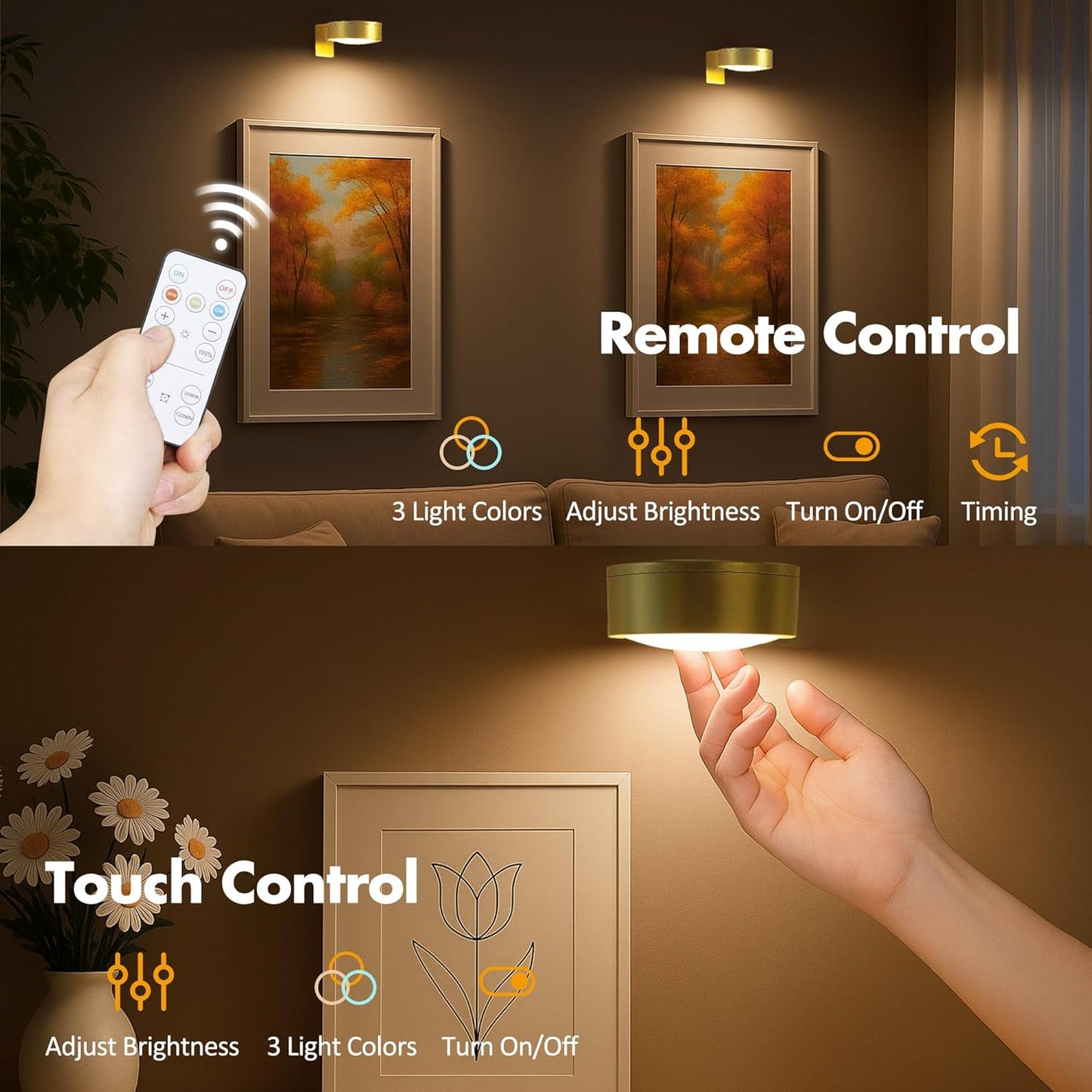 Picture Lights for Wall, Wireless Poster Lights Battery Operated, Gold | LED Magnetic Painting Light with Remote