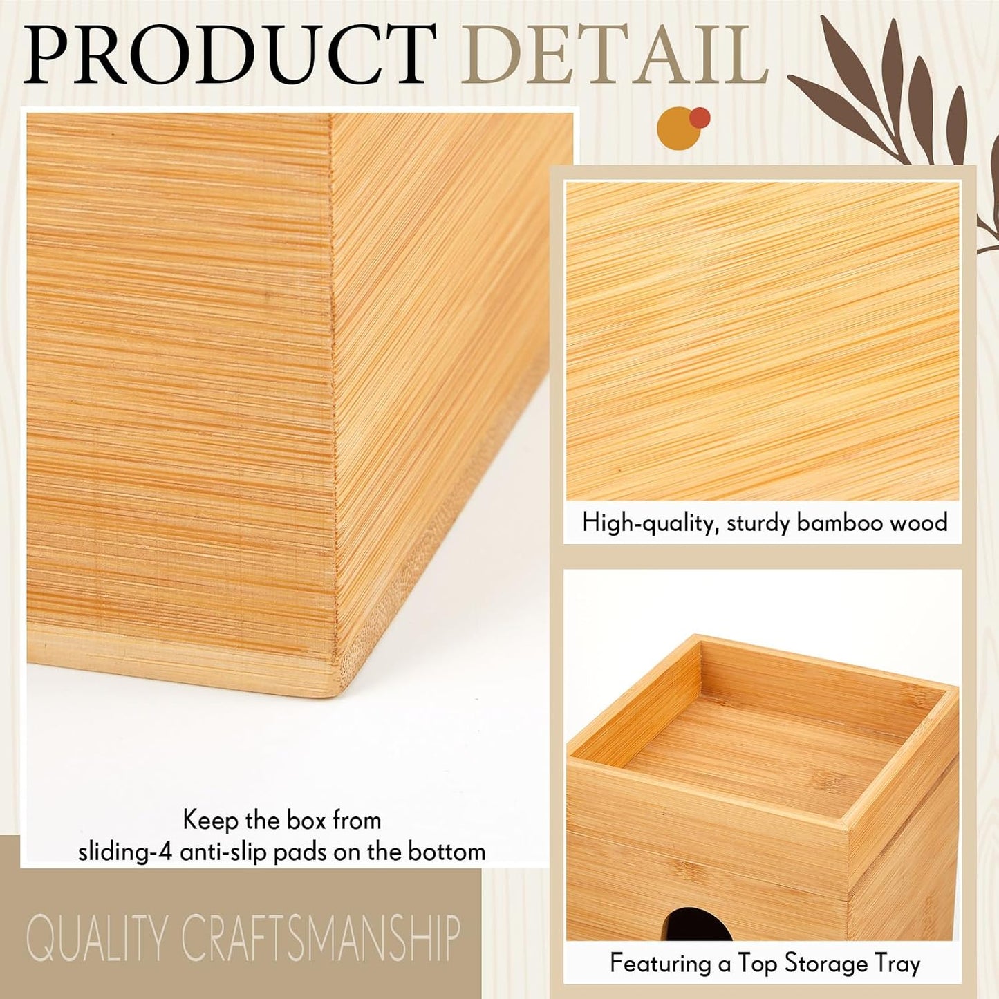 Bamboo Tissue Box Cover / 6 x 6 x 7.4