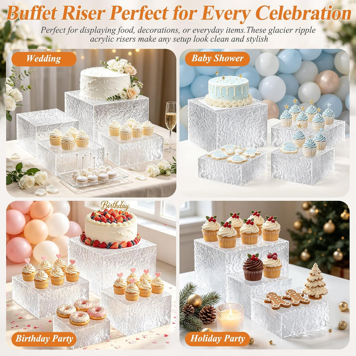 Acrylic Buffet Risers with Mini Sign and Maker, Clear Hammered Water Ripple Dessert Display Stands for Catering Cakes