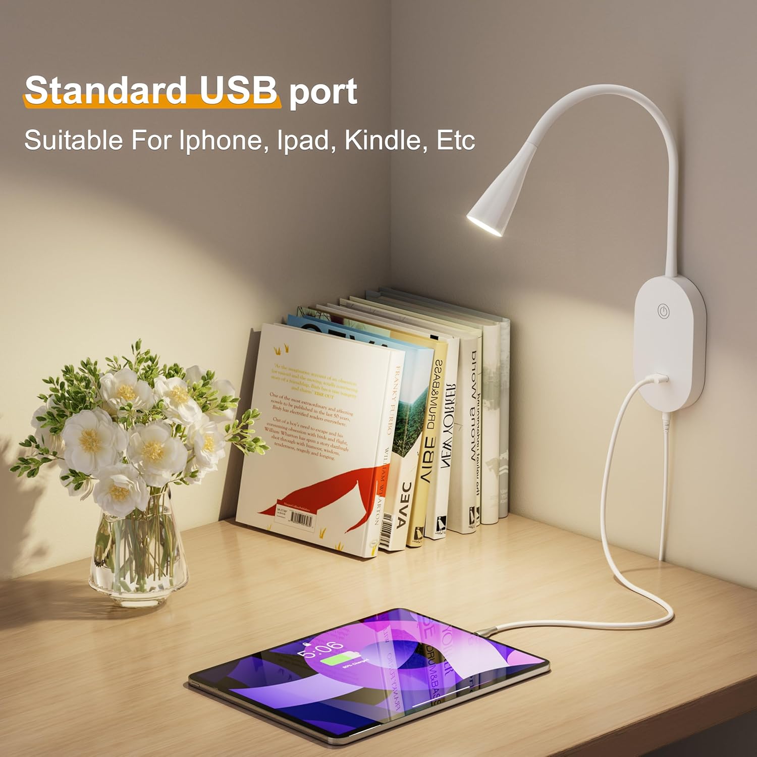 Wall Mount Reading Light, Focused Book Light for Reading in Bed, 5 Dimming, USB Output, 4 Hours Auto Off, Touch