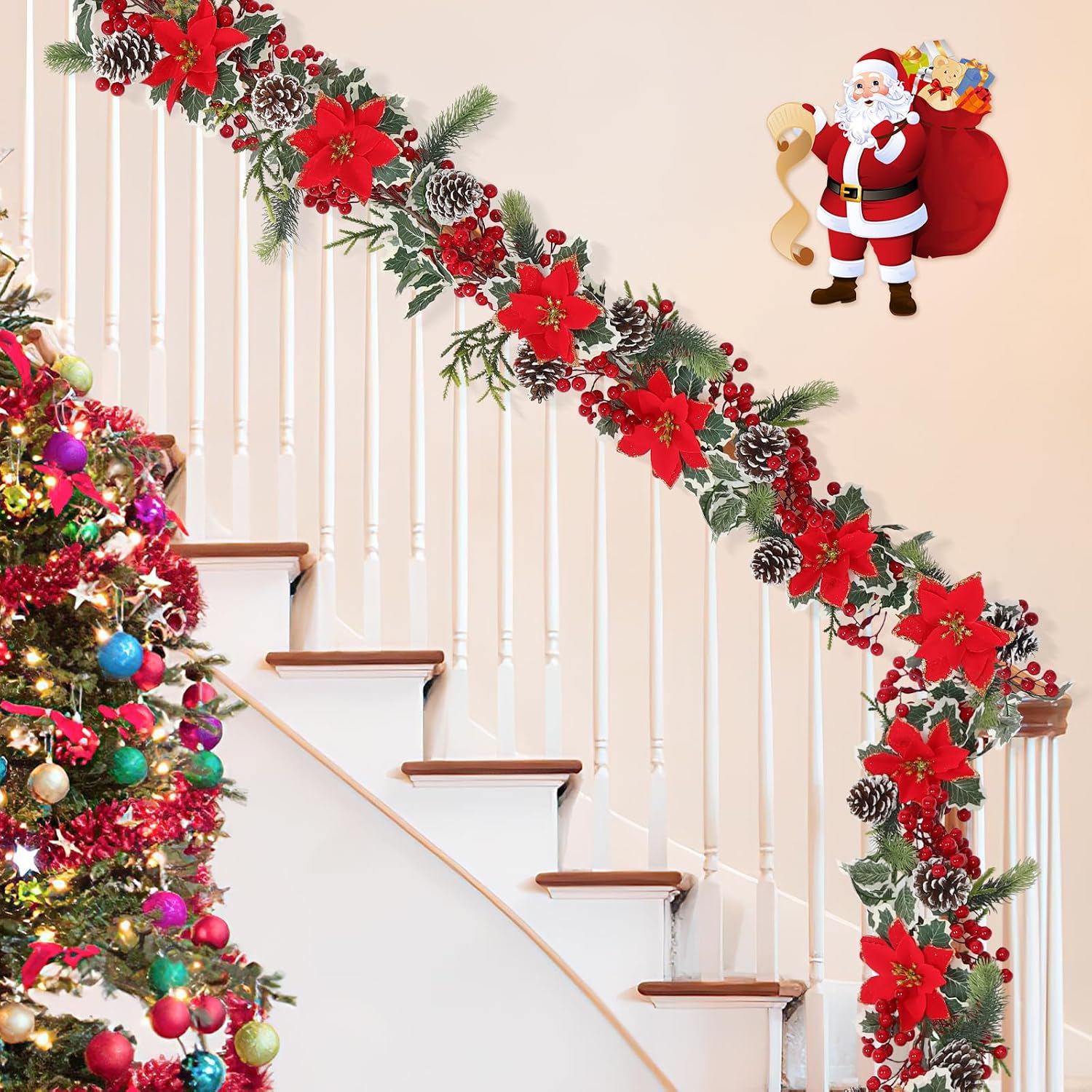 TOCHGREEN 12FT Red Berry Christmas Garland,Artificial Berries Garland with Pine Cones,Poinsettia Flowers and Holly