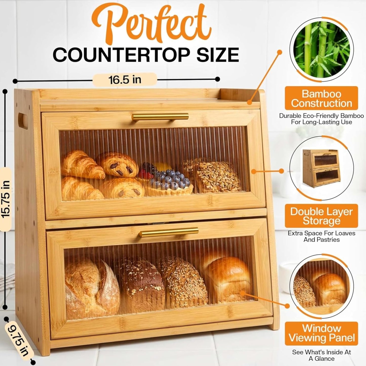 Extra Large Bamboo Bread Box for Kitchen Countertop, Double Layer Wooden Breadbox Holds Multiple Loaves of Homemade
