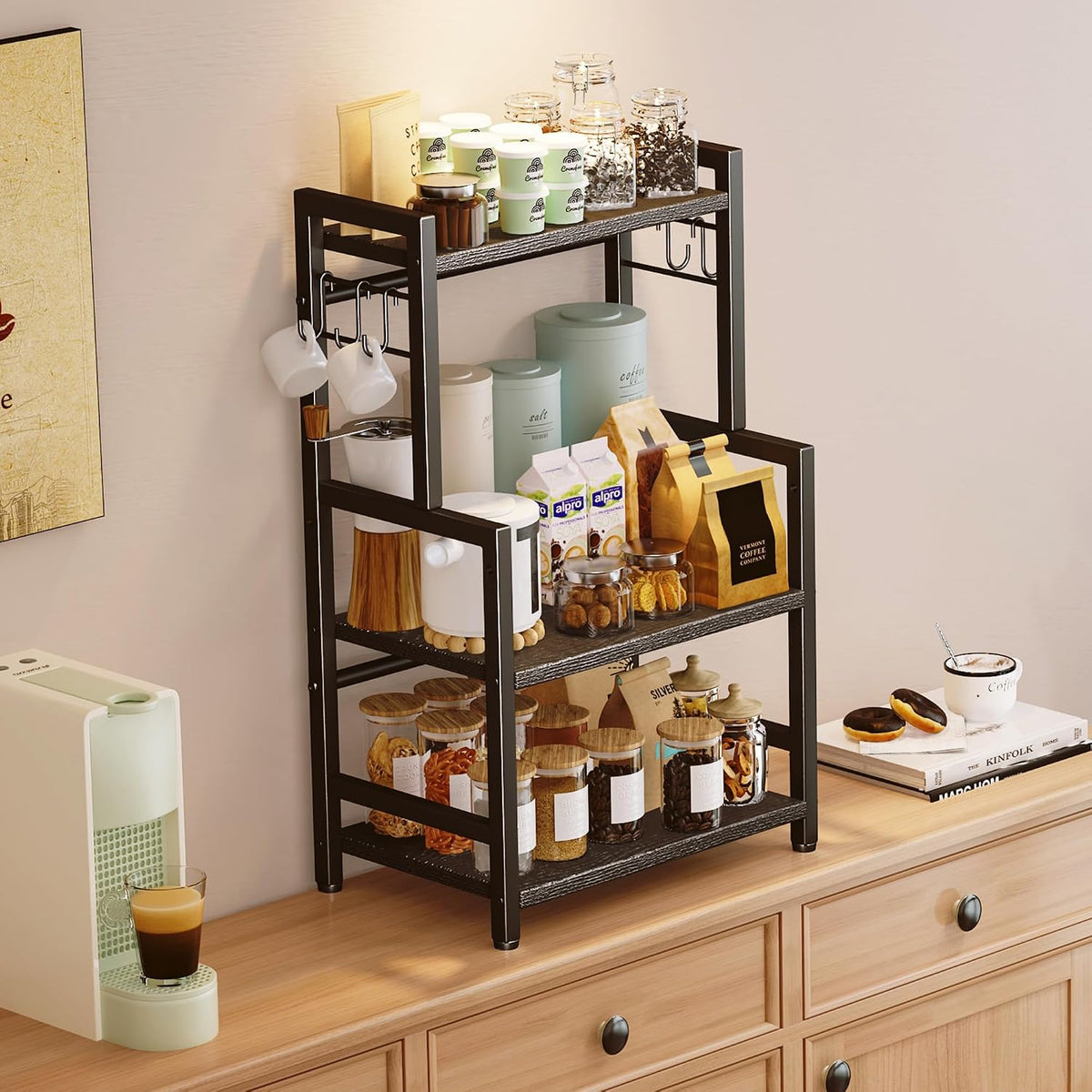 Kitchen Countertop Organizer, 3 Tier Large Spice Rack Organizer with Adjustable Shelf and 5 Hooks, Wooden Counter