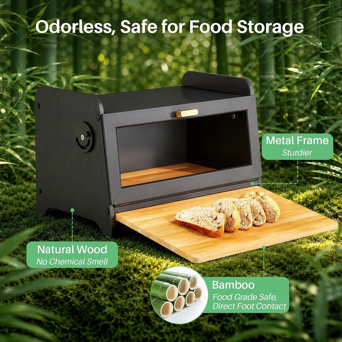 SNTD Bread Box for Kitchen Countertop, Bamboo Cutting Board, 1 Tier, Black | Adjustable Vent Hole, Airtight Design