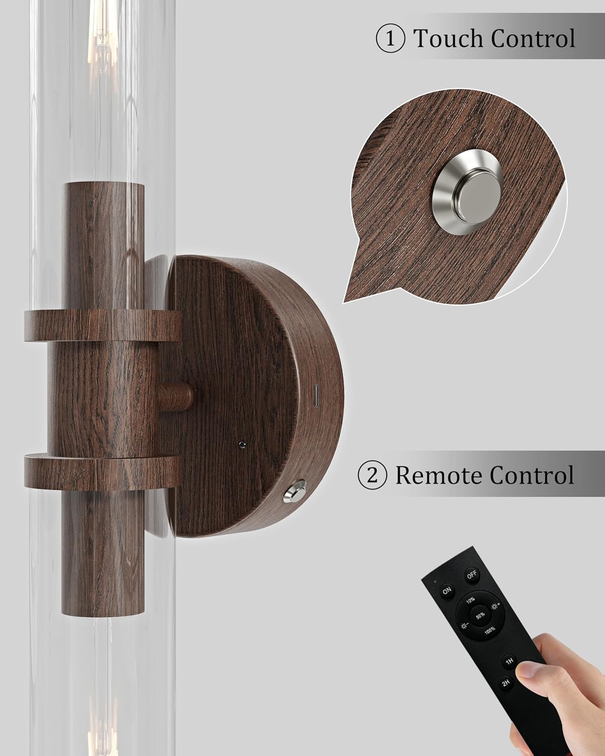 Rayogale Walnut Wireless Battery Operated Wall Sconces with Remote Control | Glass Rechargeable Wall Lights Set of 2