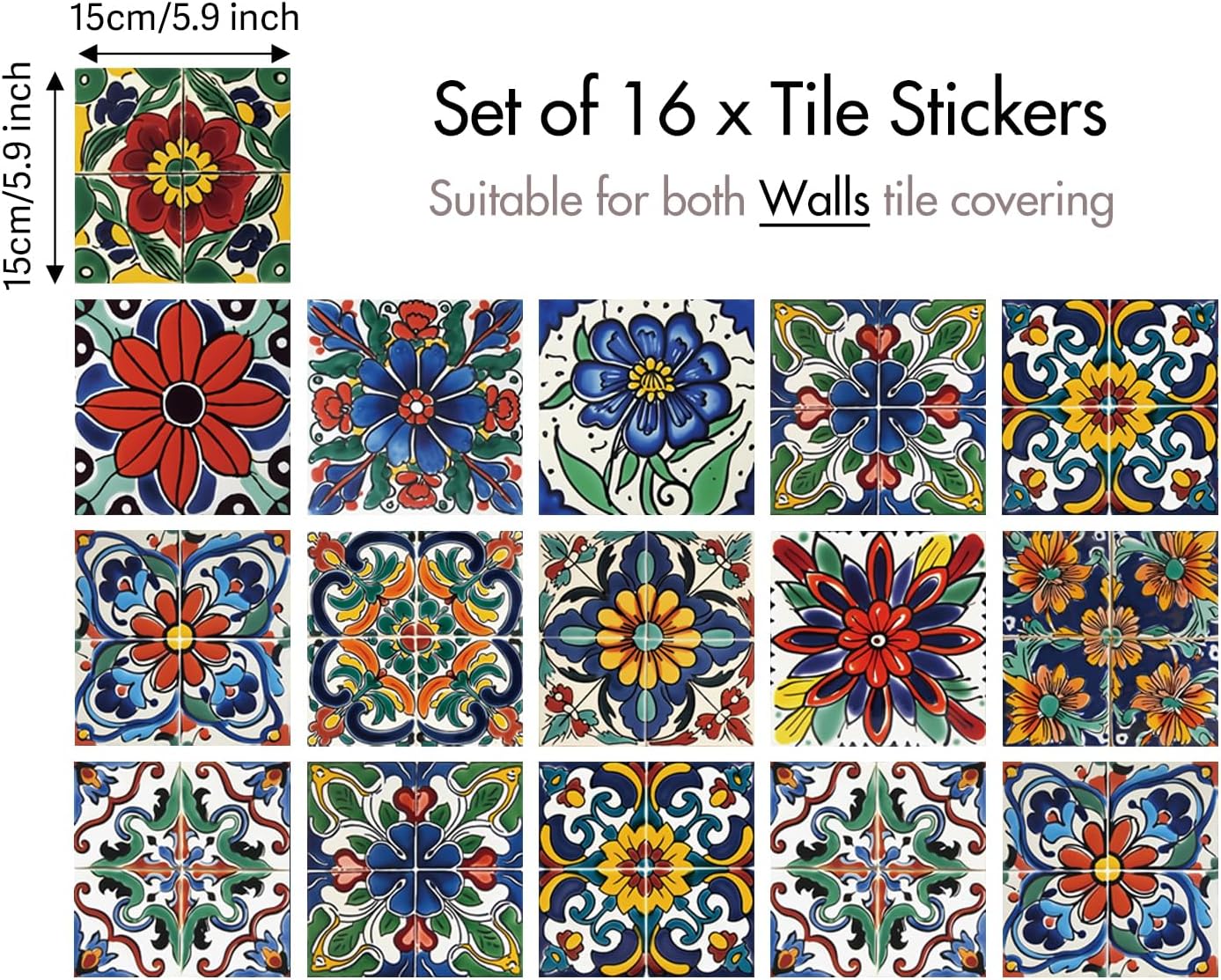Peel and Stick Tile Stickers / Red / 6 x 6 / Set of 16