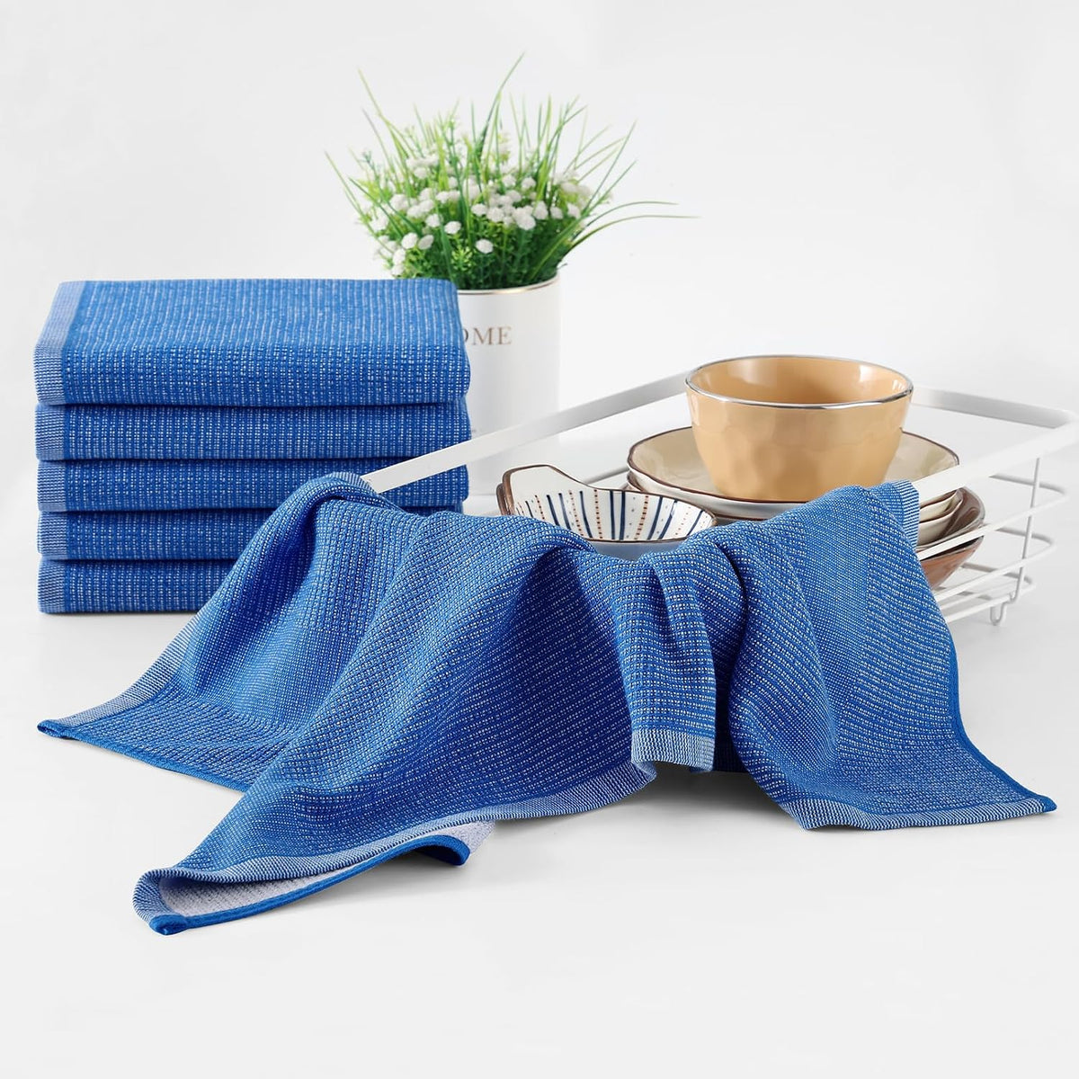 Homaxy 380 GSM Cotton Premium Kitchen Towels 8 Pack, 18"x 28", Blueberry | Flat and Terry Dish Towels, Highly Absorbent