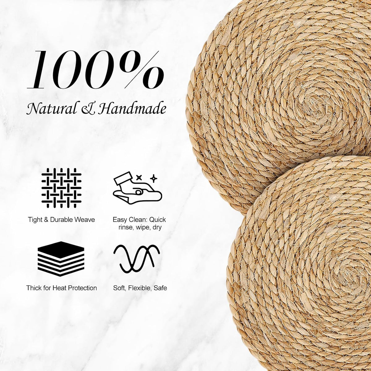Placemats Set of 8 - Rattan Round Place Mats & 11.8” x 17” Cotton Braided Placemat for Dining Table Setting, Rustic