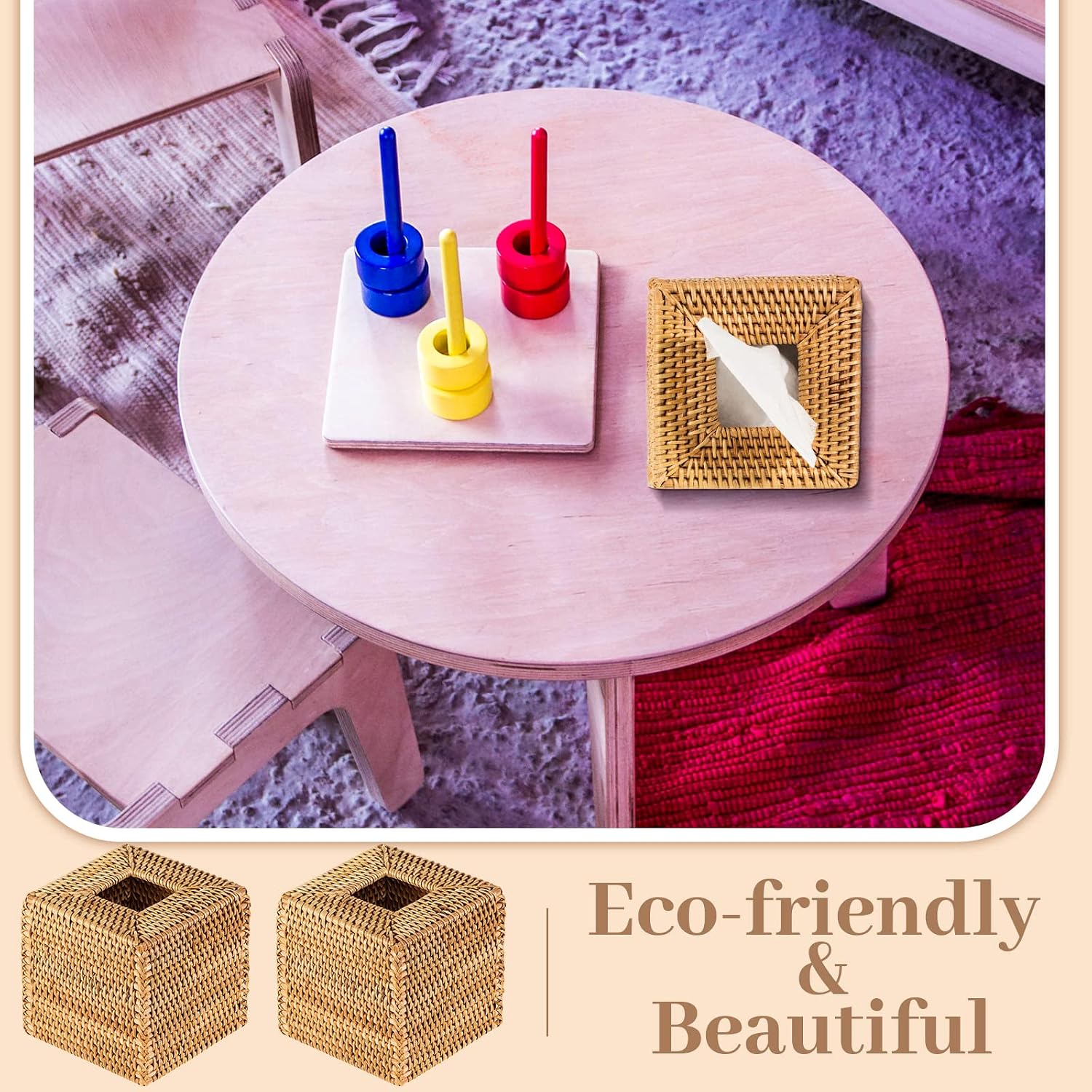 Square Rattan Tissue Box Cover Boho Wicker Tissue Cube Box Cover 5.5'' x / Wood / Natural / Set of 2