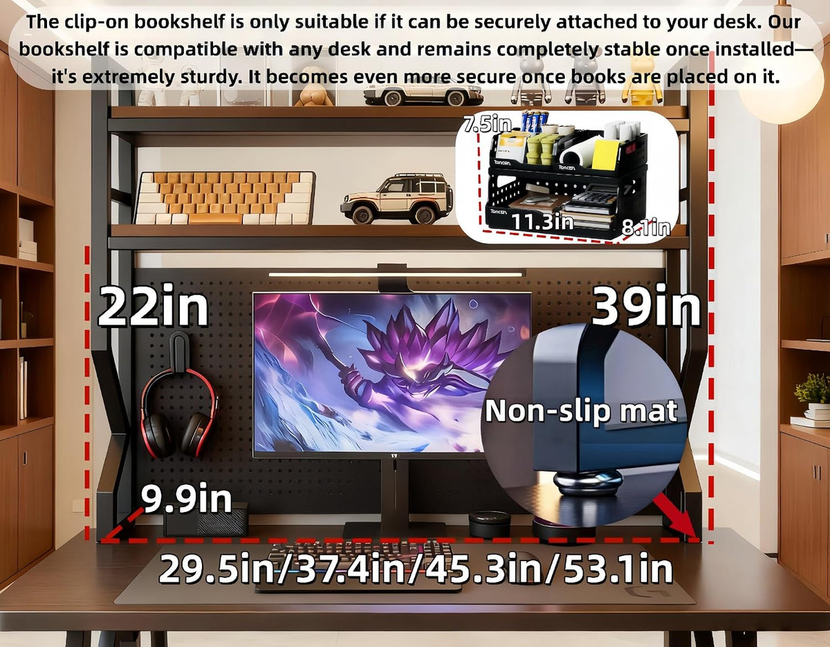 Desktop Hutch Bookshelf,Many Gifts,Metal Desktop Bookcase with pegboard, Desk Shelf Brown, Countertop Storage Organizer