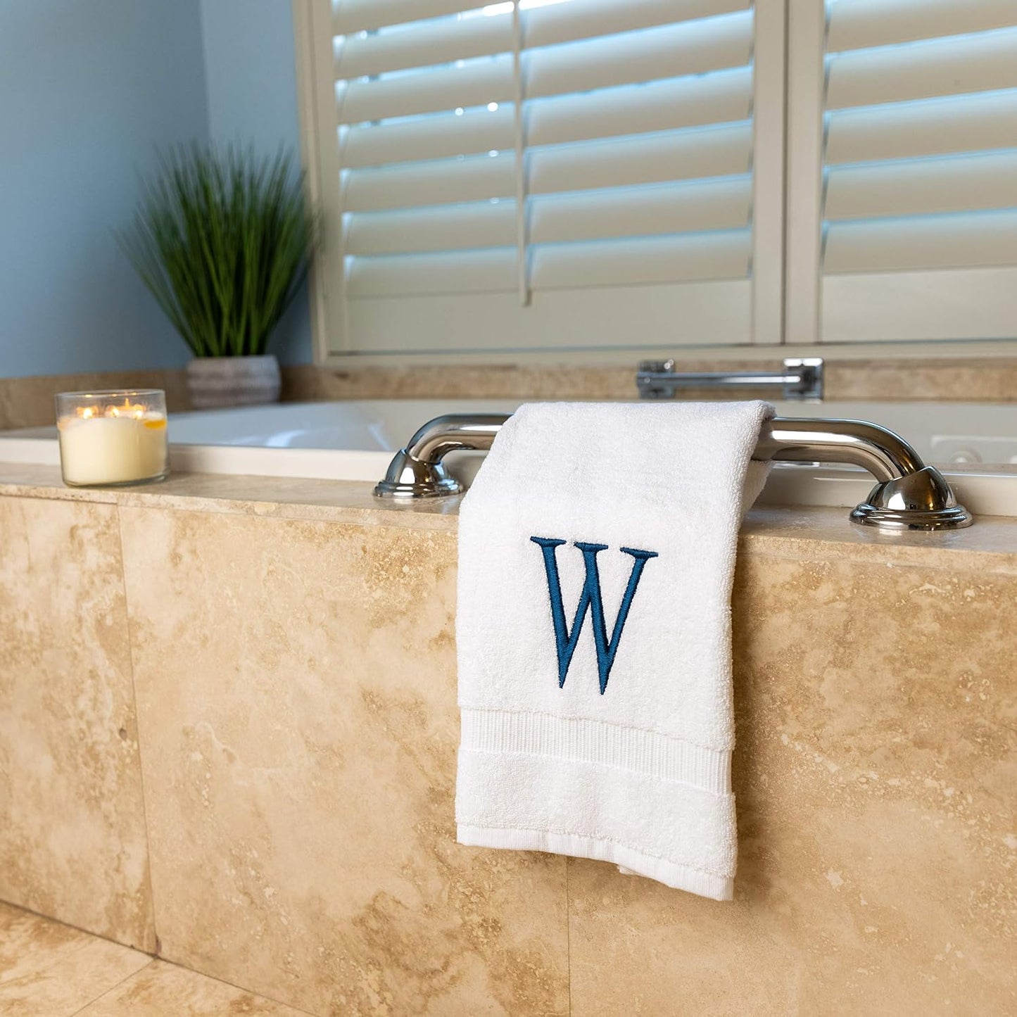 White with Navy Monogrammed Hand Towels for Bathroom - Set of 2 Letter W | Luxury Hotel Quality Initial Towels For