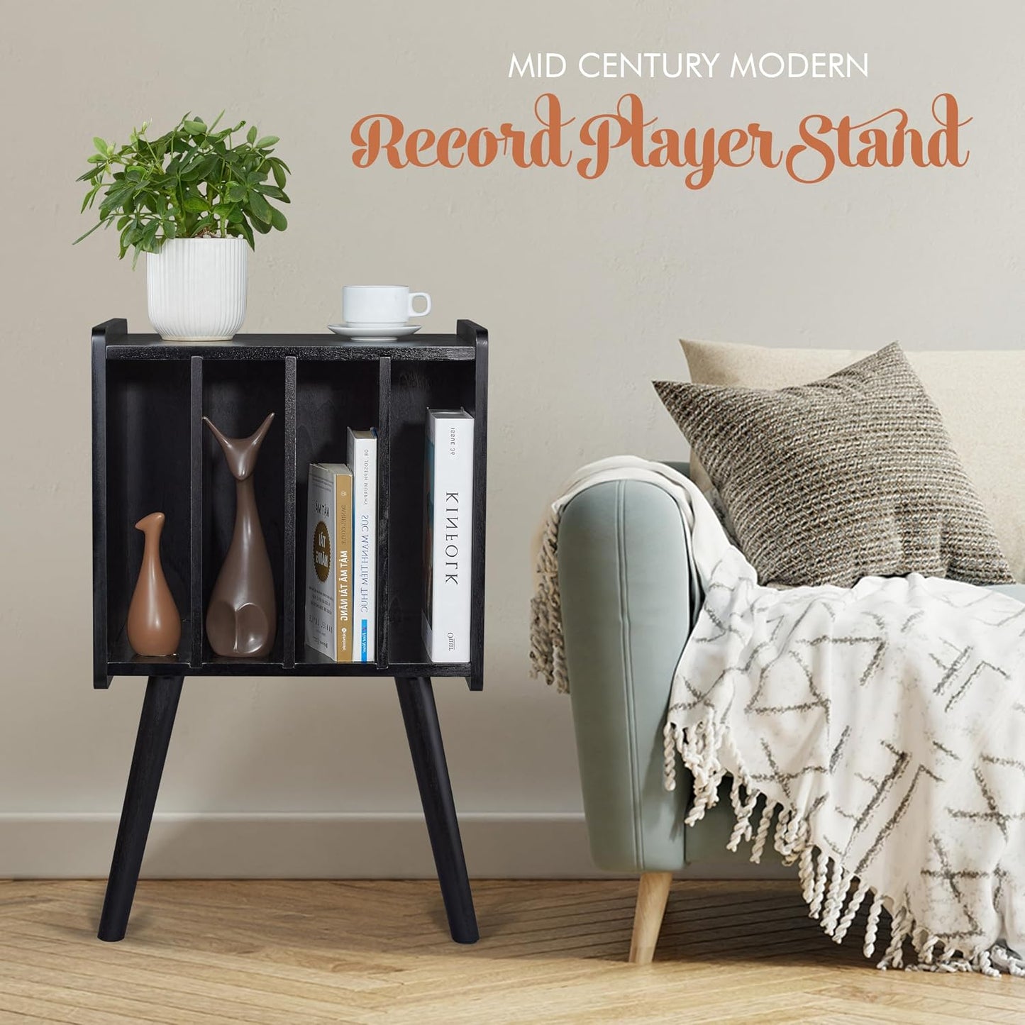 2BHOME Wooden LP Record Player Stand with 4 Cabinets, Holds up to 100 Vinyls, Metal Record Storage Holder and Organizer