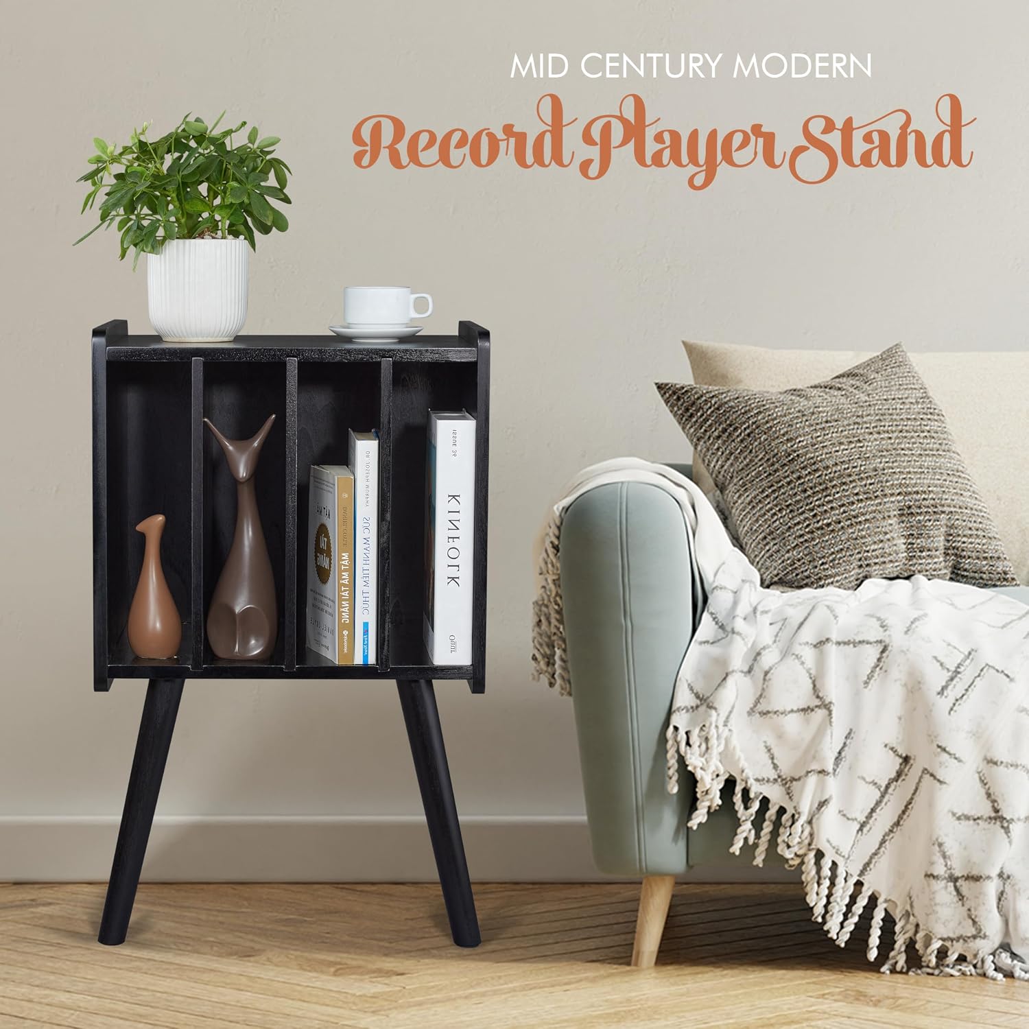 2BHOME Wooden LP Record Player Stand with 4 Cabinets, Holds up to 100 Vinyls, Metal Record Storage Holder and Organizer