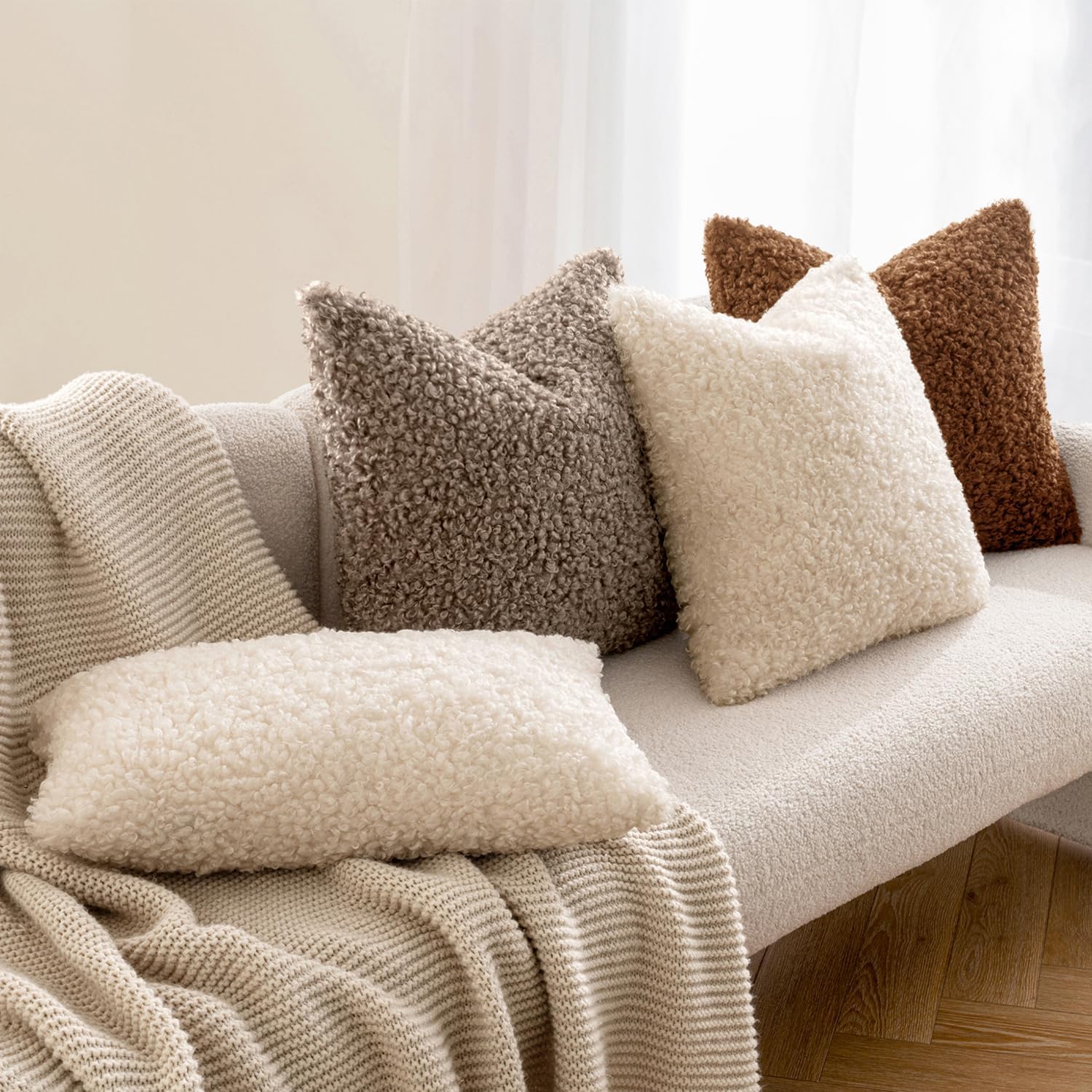 Throw Pillow Covers Neutral Faux Fur Decorative Sherpa Pillow Covers / 18 x 18 / Khaki / Set of 2