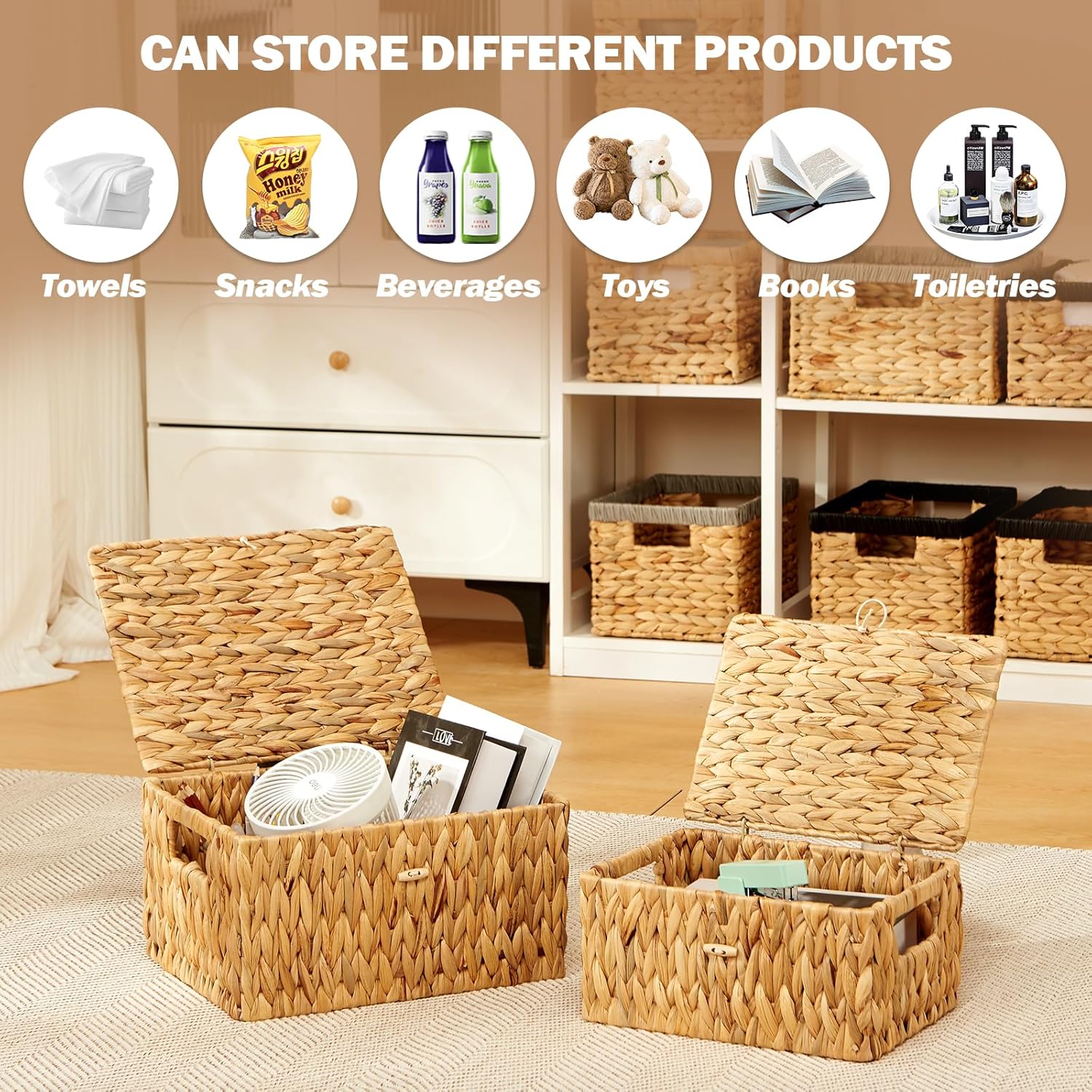 Wicker Basket / Large & Small Storage Basket / 13 x 10 x 7 / Natural with Lid