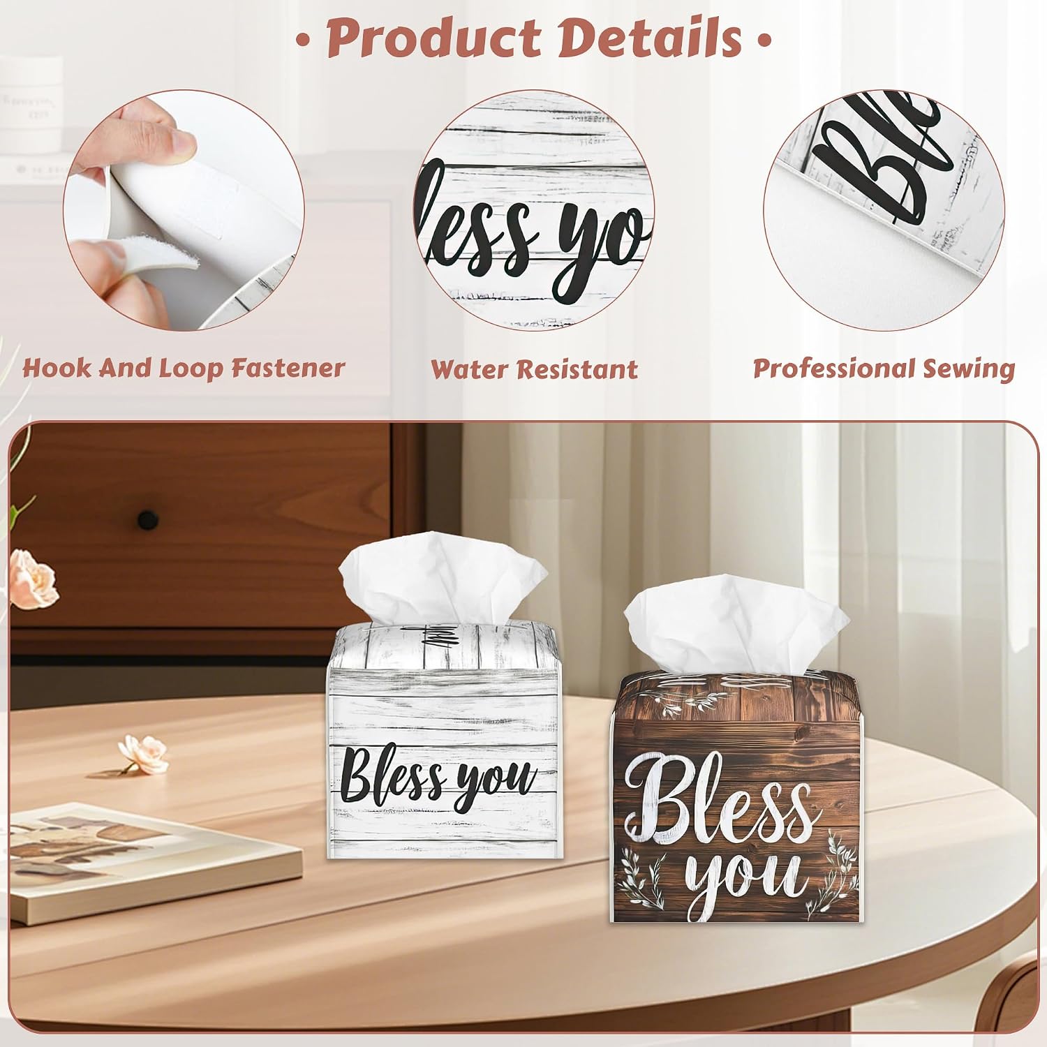 Tissue Box Holder Leather Facial Paper Case Modern Home Decoration / Bless You Wood Grain