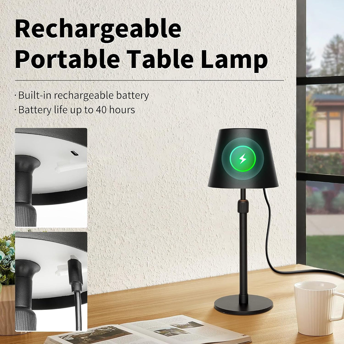 Mr.White Outdoor Waterproof Rechargeable Cordless Table Lamp with Telescopic Pole & Wicker Shade, 5200mAh Battery