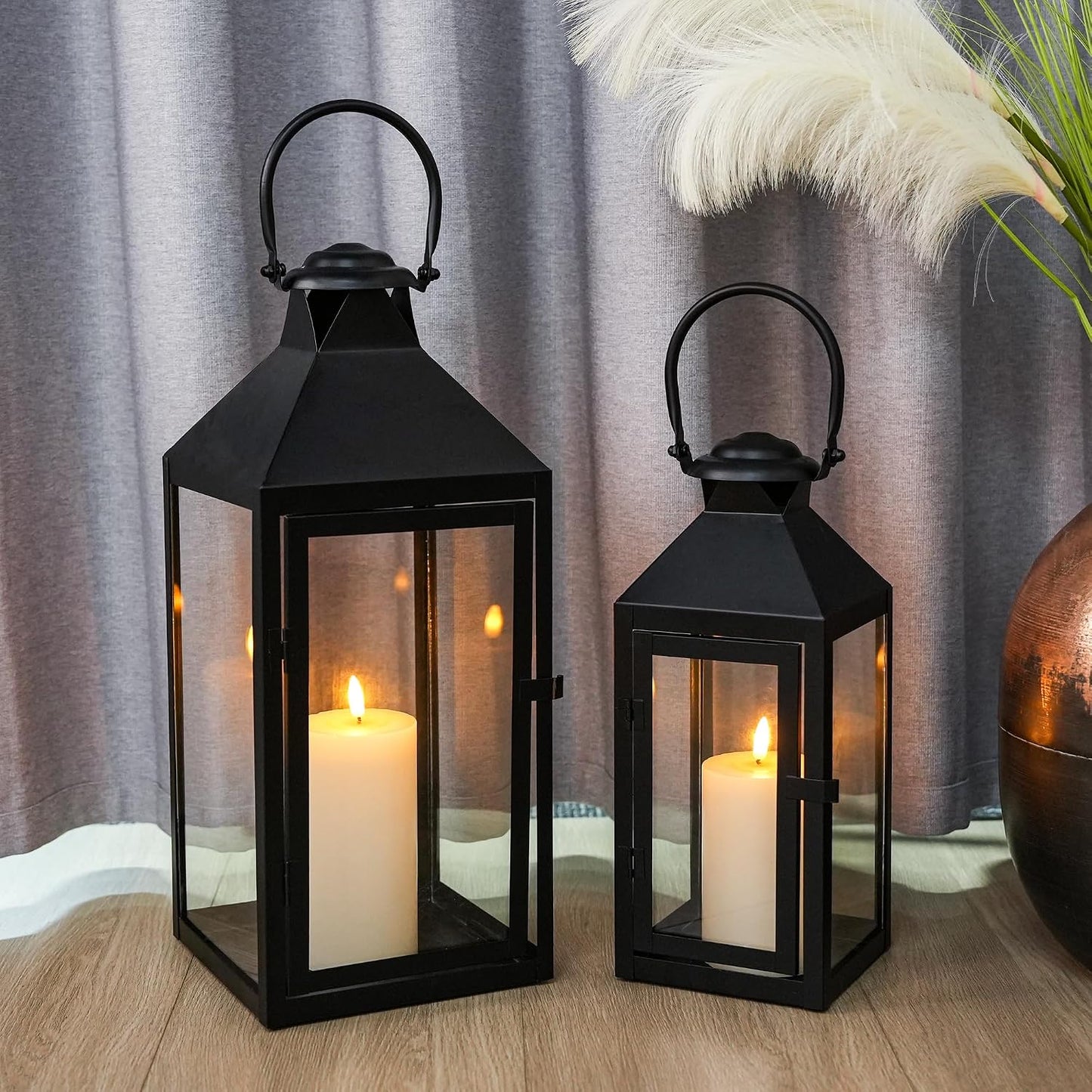 JHY DESIGN Set of 2 Black Decorative Lanterns 17.5inch&13.5inch Metal Candle Lanterns for Indoor Outdoor Events Paritie