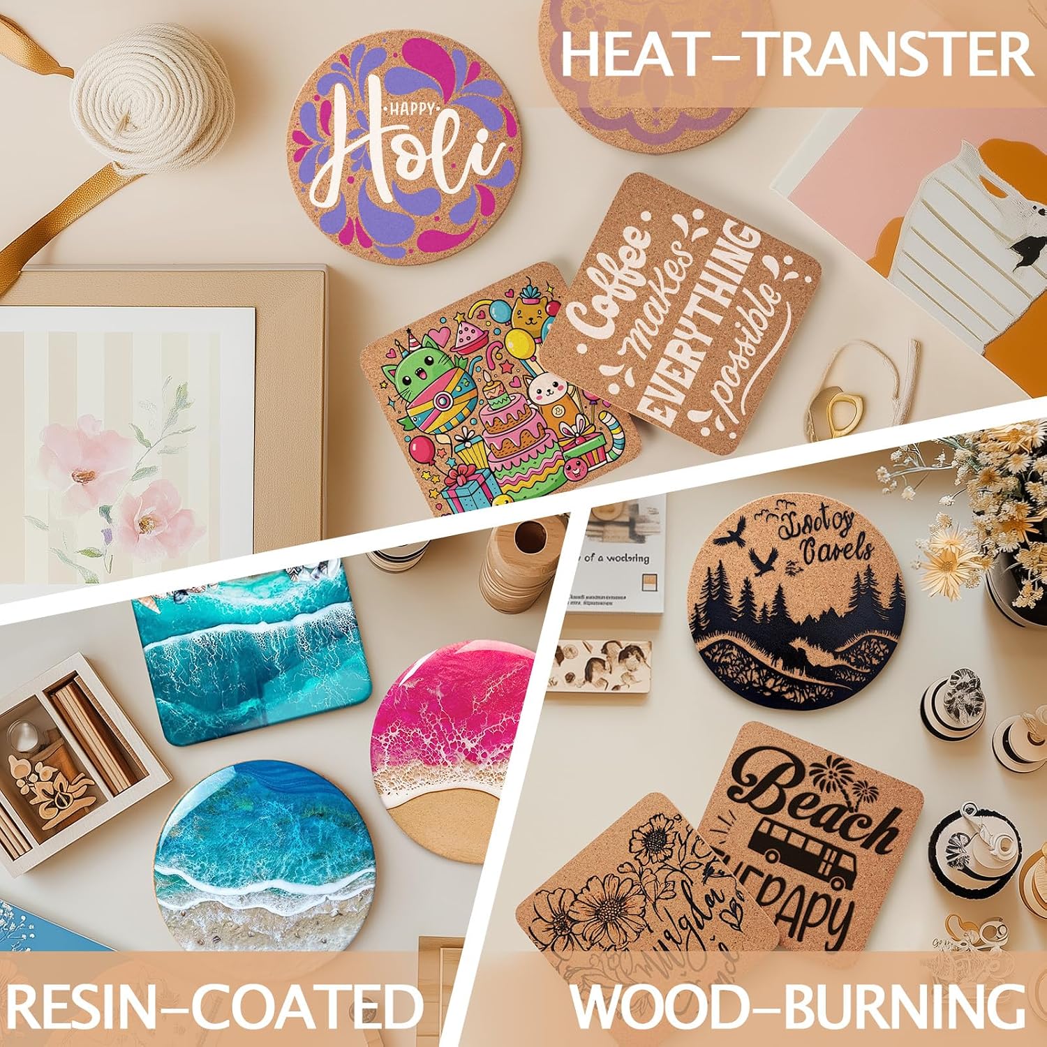 Cork Coasters for Laser Engraving / Square+round / Set of 100