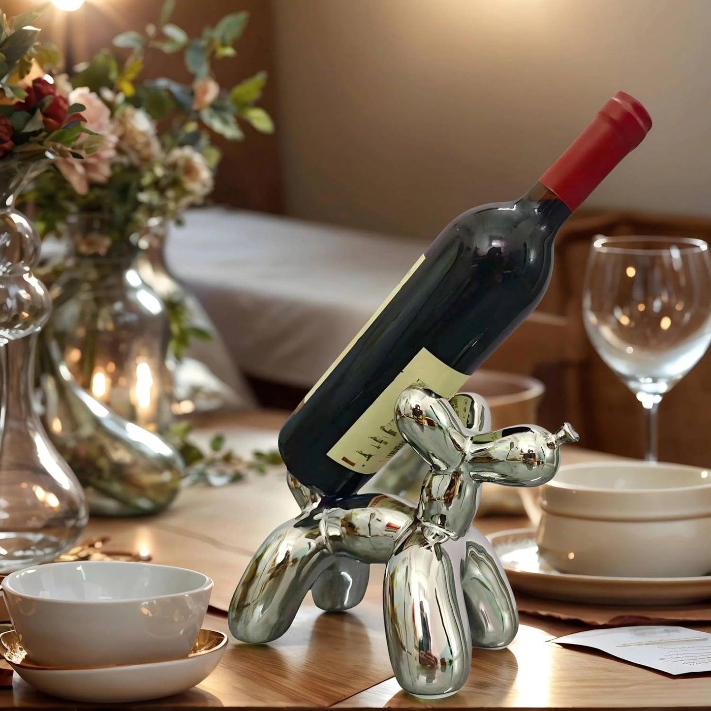 Creative Balloon Dog Wine Bottle Holder Doubles as Standalone Statue Decor / Metallic Chrome Silver
