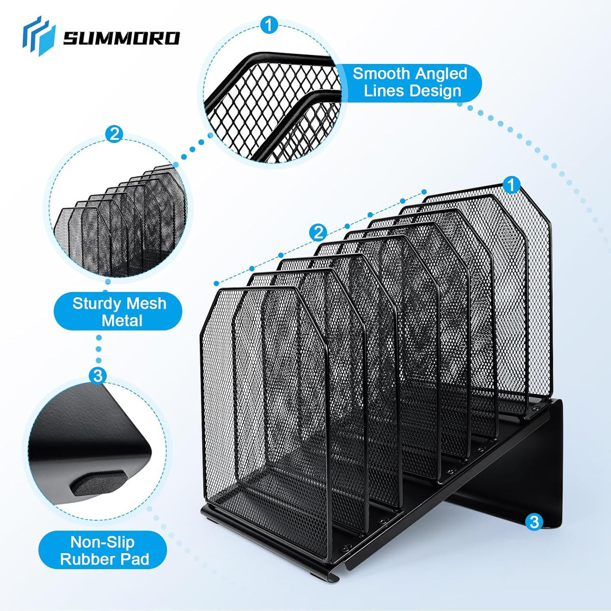 SUMMORO Inclined File Organizer for Desk, 7-Section Vertical File Holder | Office Desk Organizer Metal Rack File