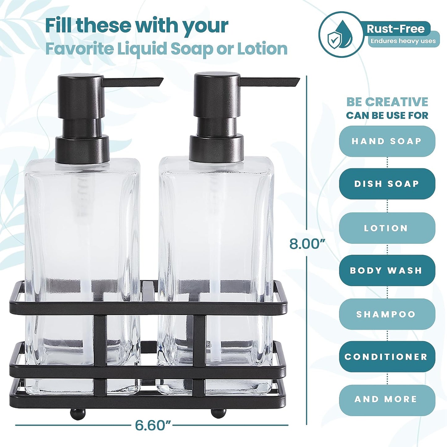Square Glass Clear Lotion and Soap Pump Dispenser Set with Metal Stand Caddy for Bathroom Bath Kitchen Home Office