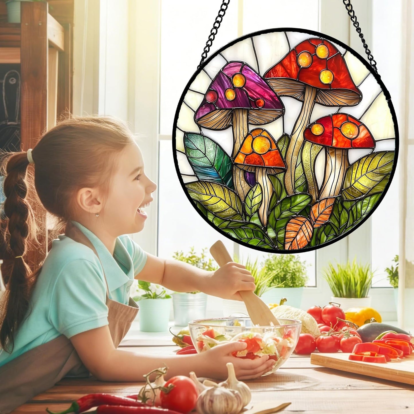 Stained Glass Window Hanging / Red and White / 11.8 x 11.8