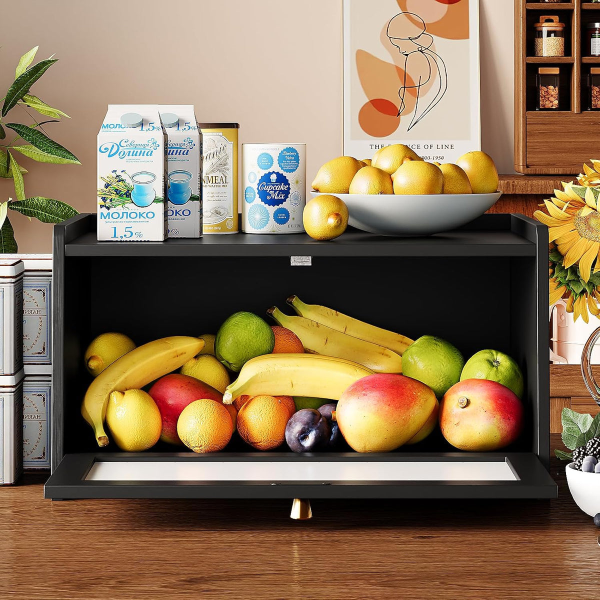 Trironsun Bread Box for Kitchen Counter Black Bread Storage Container with Acrylic Door William Morris Flower Bird
