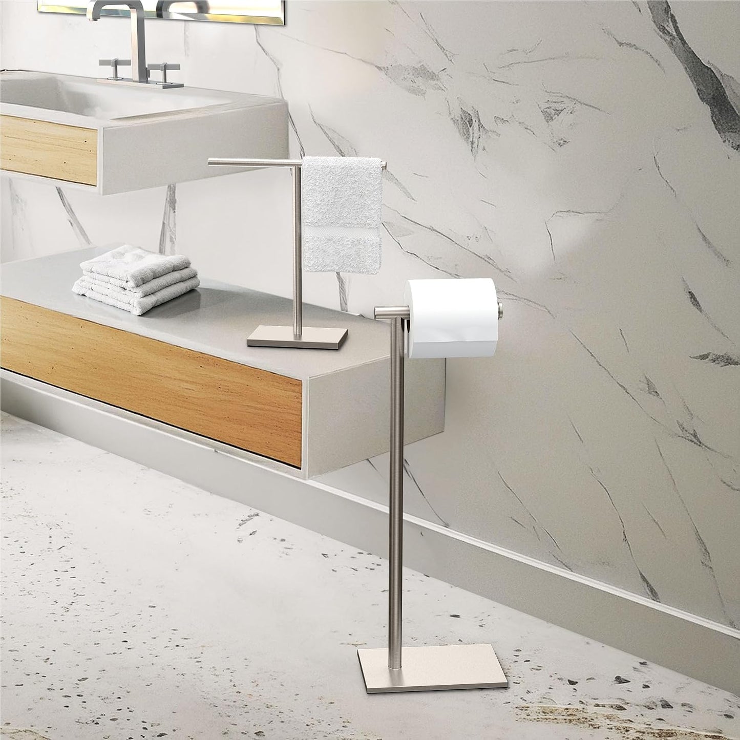 Gatco 1431SN Bathroom Toilet Paper Holder Stand, Freestanding Tissue Roll Holder, Weighted Base, Satin Nickel, 22.25
