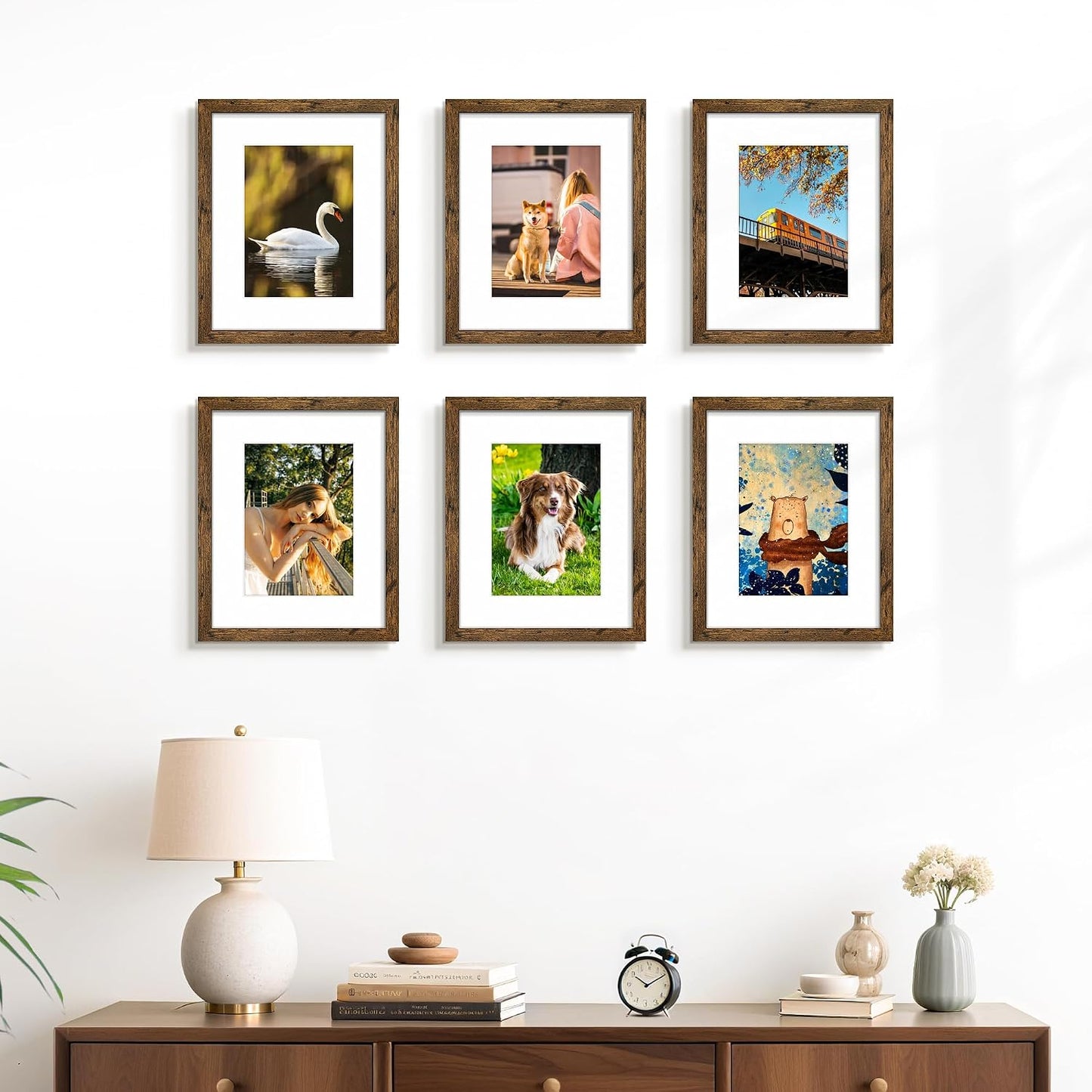 8x10 Picture Frame Set of 6, Wall or Tabletop Display, Rustic Brown | Display Pictures 5x7 with Mat or 8x10 Without