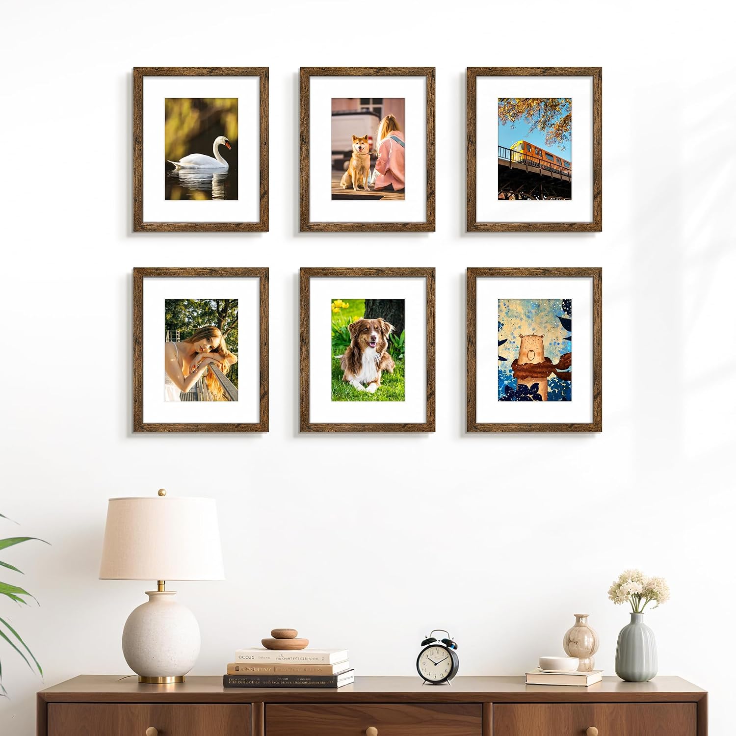 8x10 Picture Frame Set of 6, Wall or Tabletop Display, Rustic Brown | Display Pictures 5x7 with Mat or 8x10 Without