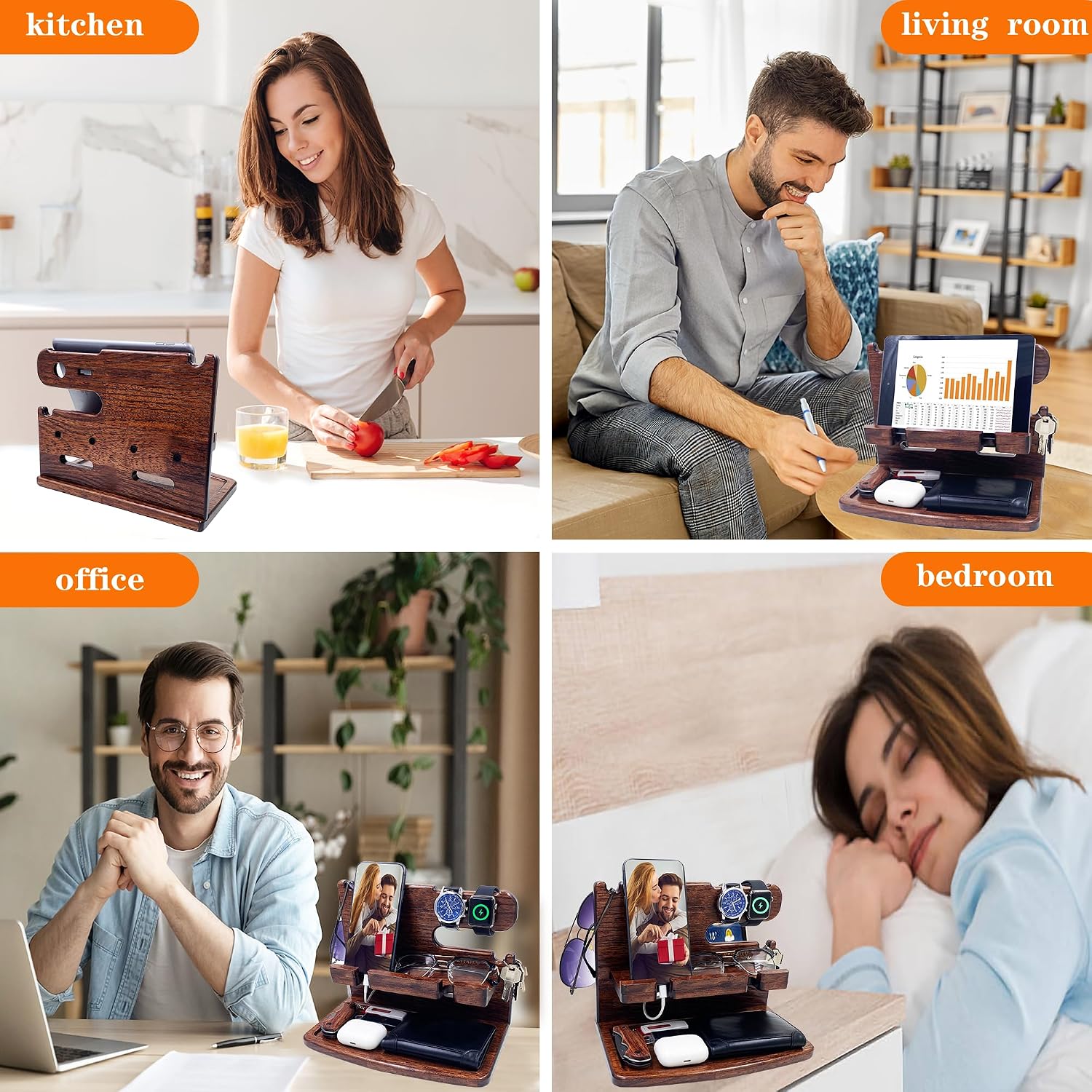 VEIYAILU Gifts for Men Women Dad Husband Boyfriend Wood Phone Docking Station Nightstand Organizer for Men Birthday