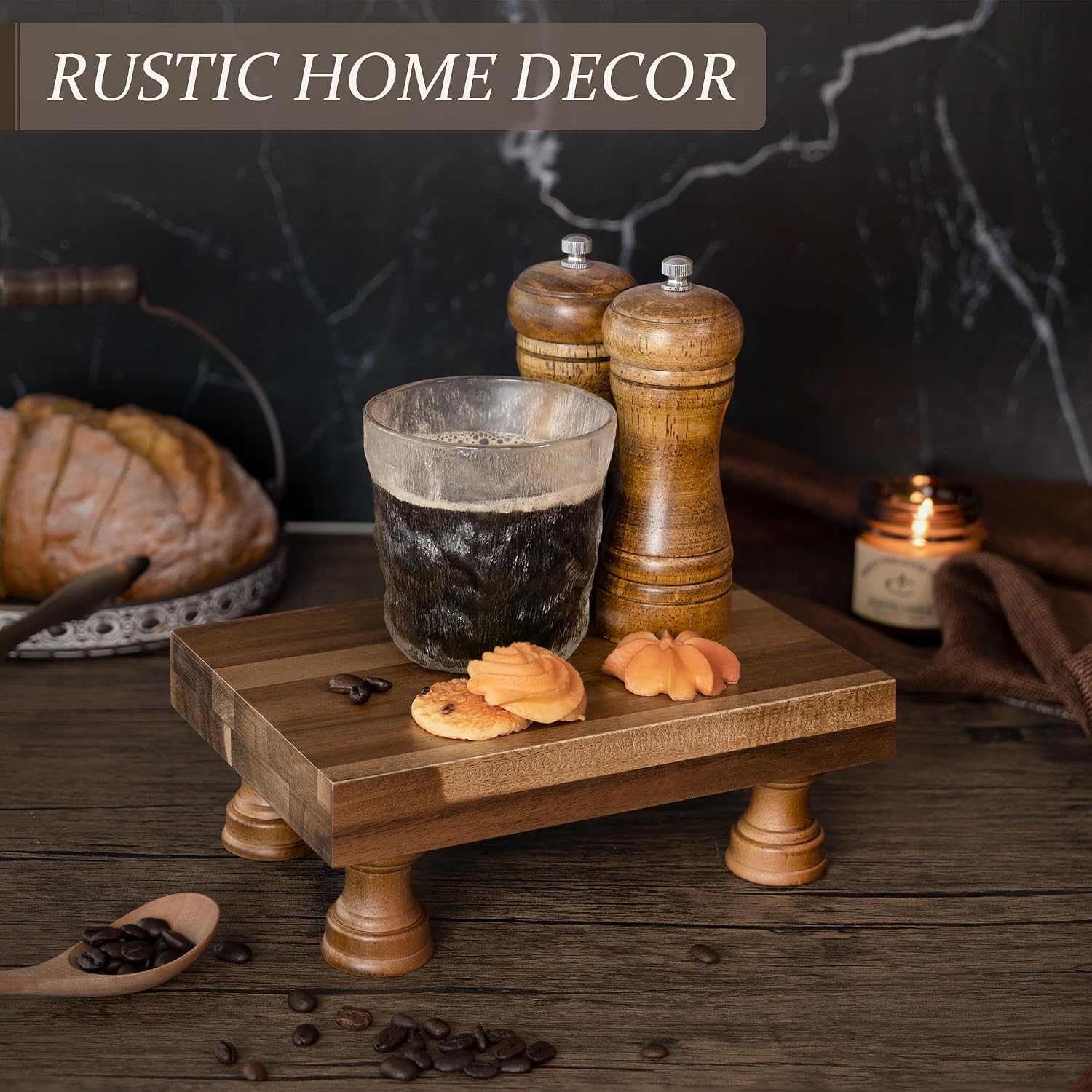 EOSAHR Wood Riser for Decor & Display Stand for Kitchen Counter, Brown | Acacia Wood, Rich Finish, 8.5" Pedestal Stand