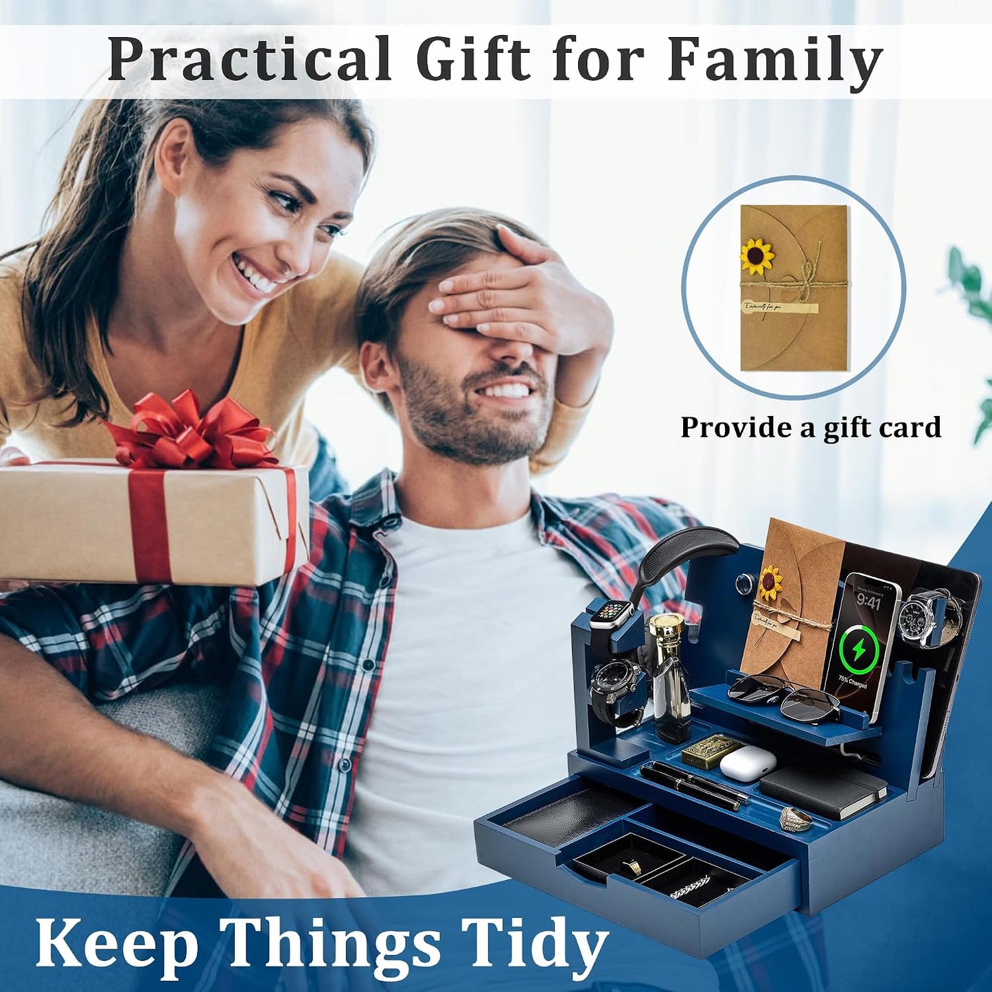 Nightstand Organizer for Men with Large Drawer, Wood Phone Docking Station for Phone, Apple Watch, Wallet & Keys, Ideal