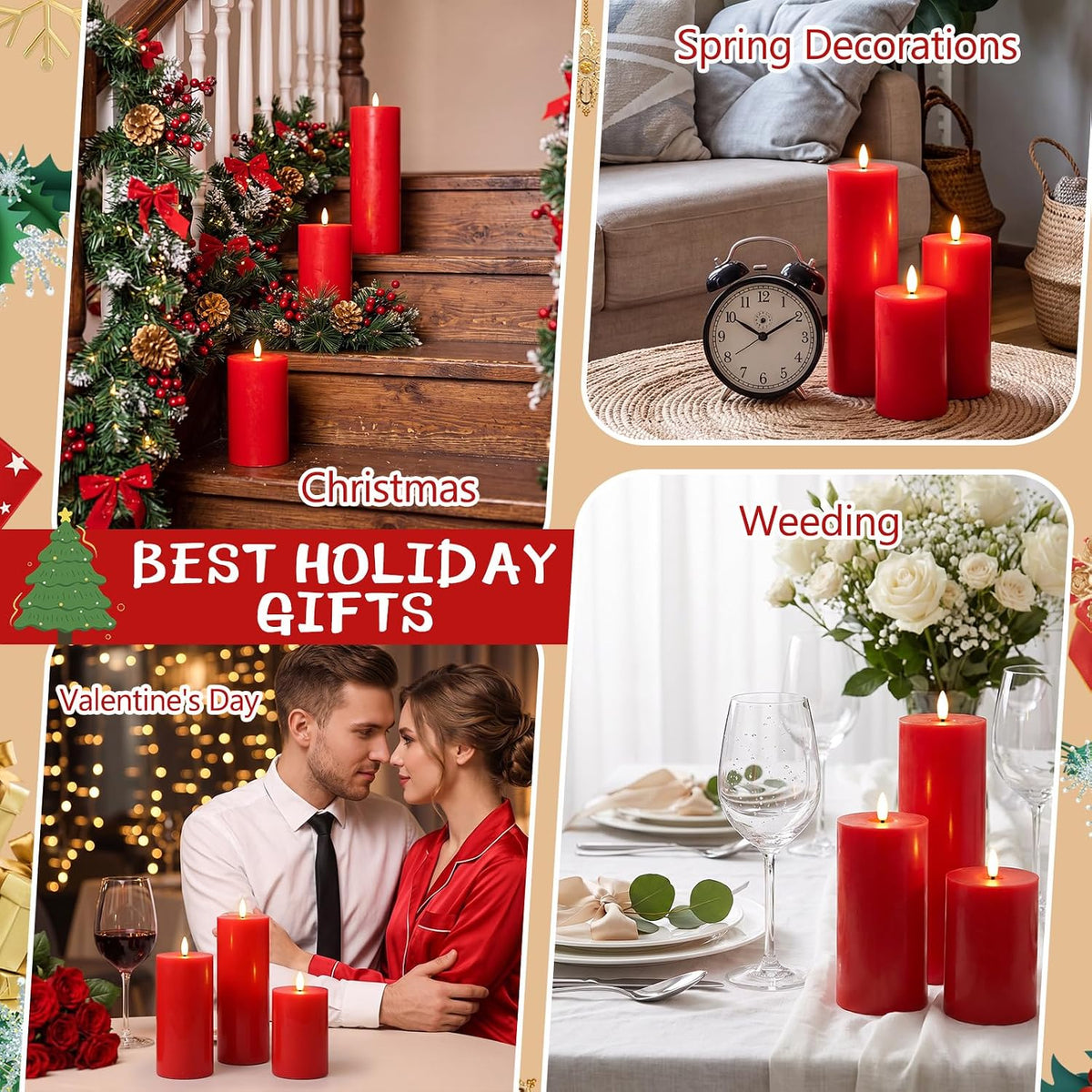 3 Pcs 6/8/12 Inches Thanksgiving Flameless LED Candles with Remote and 2/4/8h Timer Red Battery Operated Wax Flickering