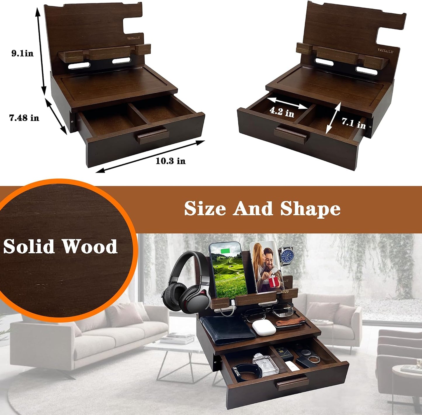 Gifts for Men Women Him Husband Son Boyfriend Birthday Nightstand Organizer Wood Phone / Deep Walnut