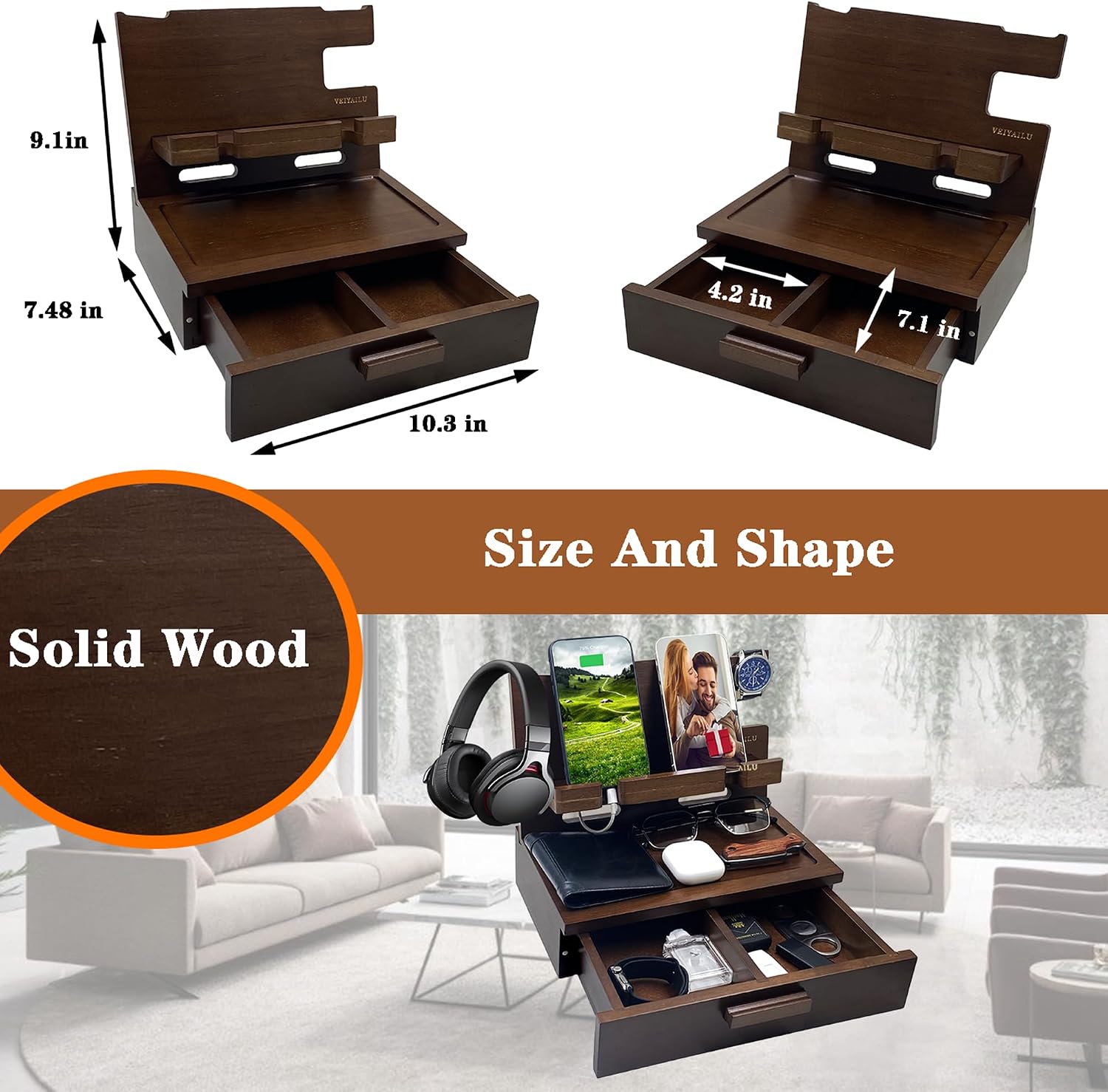 Gifts for Men Women Him Husband Son Boyfriend Birthday Nightstand Organizer Wood Phone / Deep Walnut