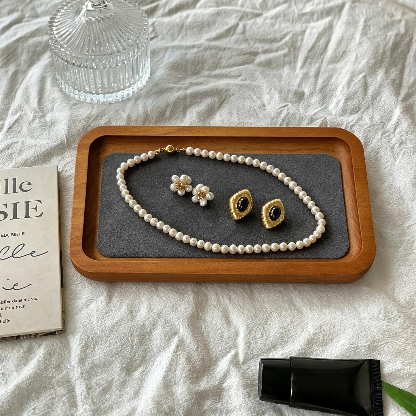 Wooden Jewelry Display Tray Rounded Rectangle Ring Showcase / Gray / Medium-w 3.9'' x H 0.6'' x L 7