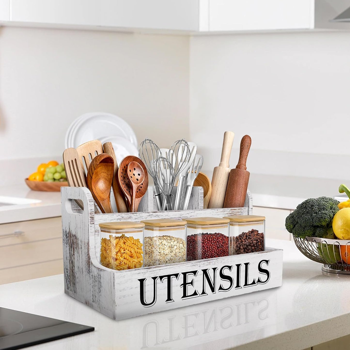 Suli Extra Large Kitchen Utensils Holder, 2 Tier, 4 Compartments | Wooden Utensil Organizer for Kitchen Countertop