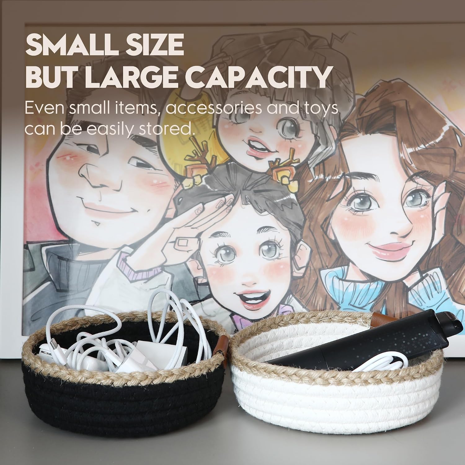 Small Cotton Rope Storage Basket Set / White & Jute / Set of 3