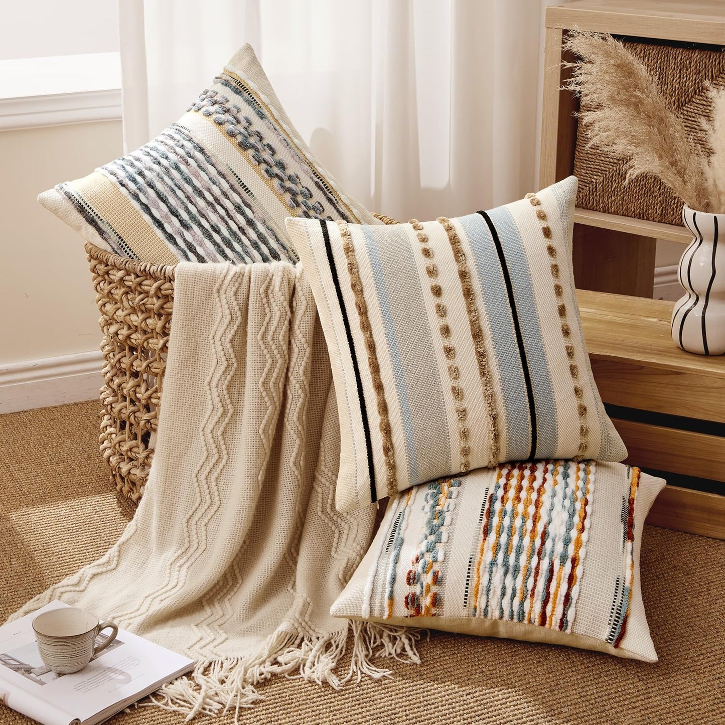 Boho Decorative Throw Pillow Covers Farmhouse Cushion Case / Brown Stripe / 18 x 18 / Set of 2