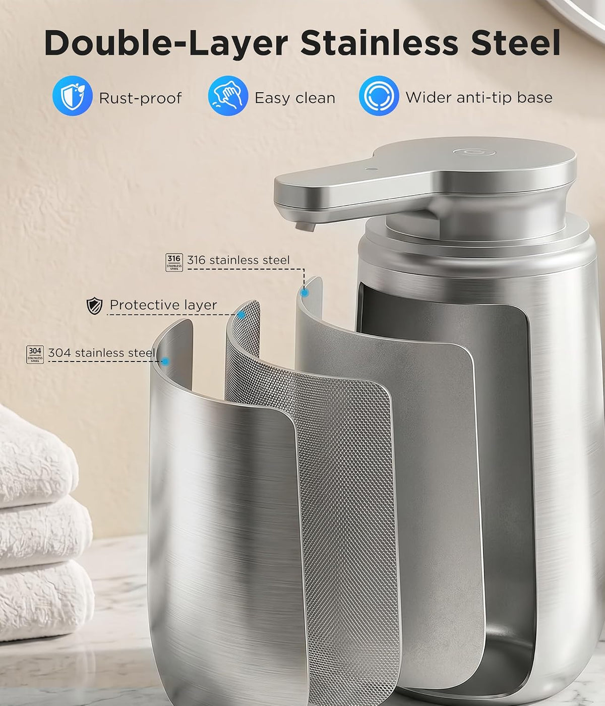 Newise Automatic Liquid Soap Dispenser Touchless - 10.5 Oz, Stainless Steel | 2 Adjustable Dispensing Modes