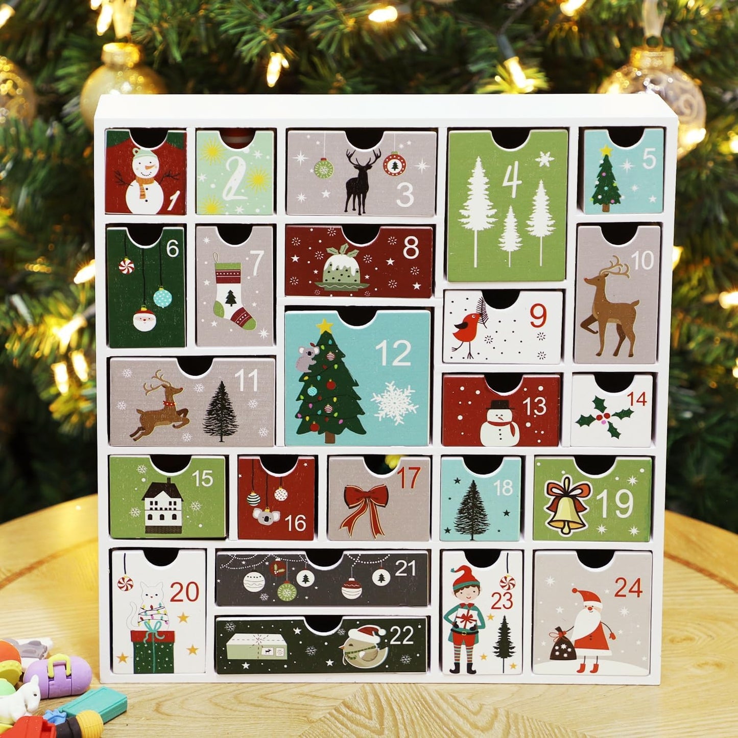 Wooden Christmas Advent Calendar with 24 Drawers, Countdown to Christmas, Refillable Wooden Advent, White