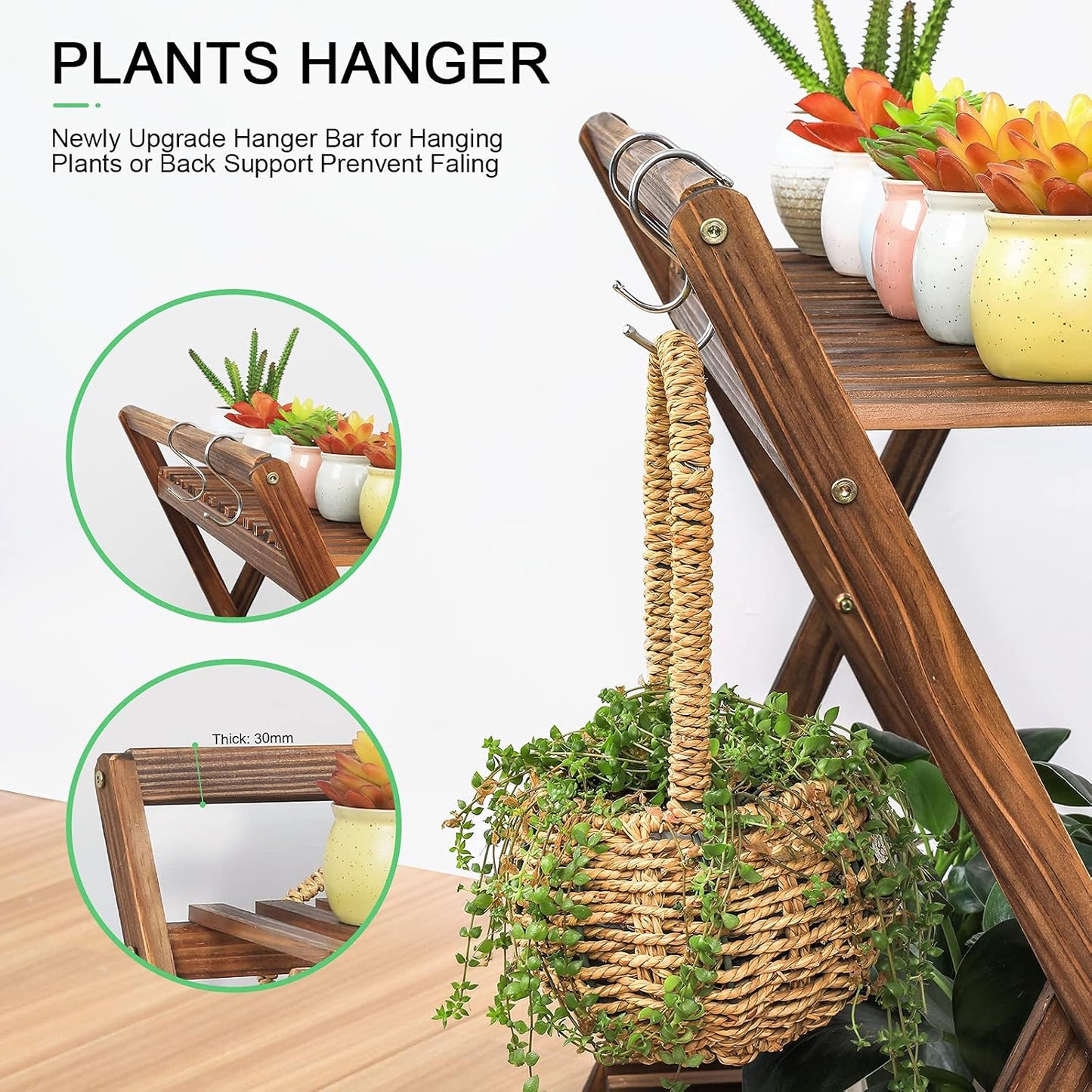 Indoor Plant Stand Shelf for Multiple Plants Hanging 2 Tier Wood | Outdoor Flower Pot Stand Holder with Planter Hanger