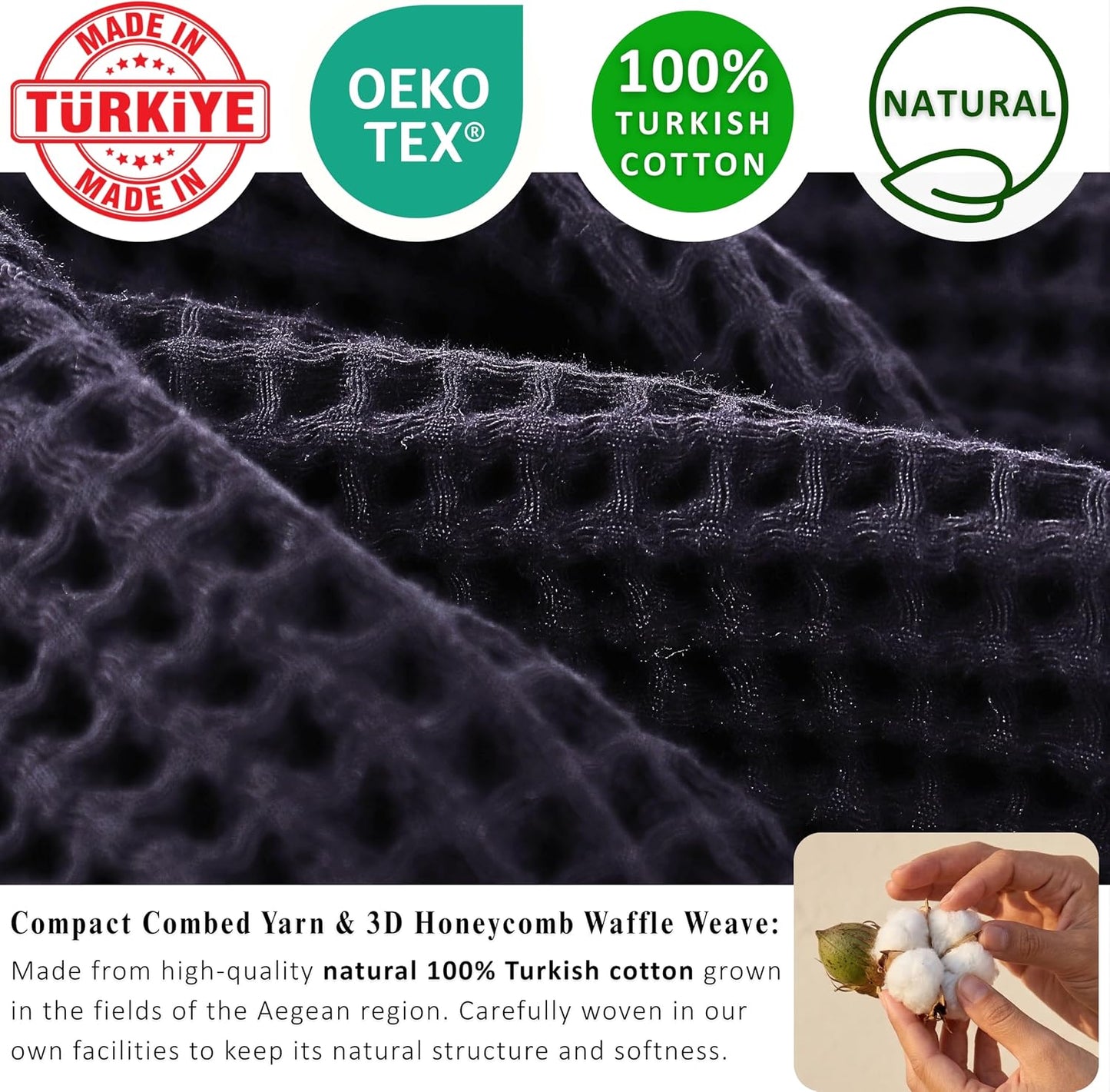 PÜSKÜL Natural 100% Turkish Cotton Waffle Bath Towels Set of 2, Extra-Large | Black, Oversize 32x63" Bath sheet towel