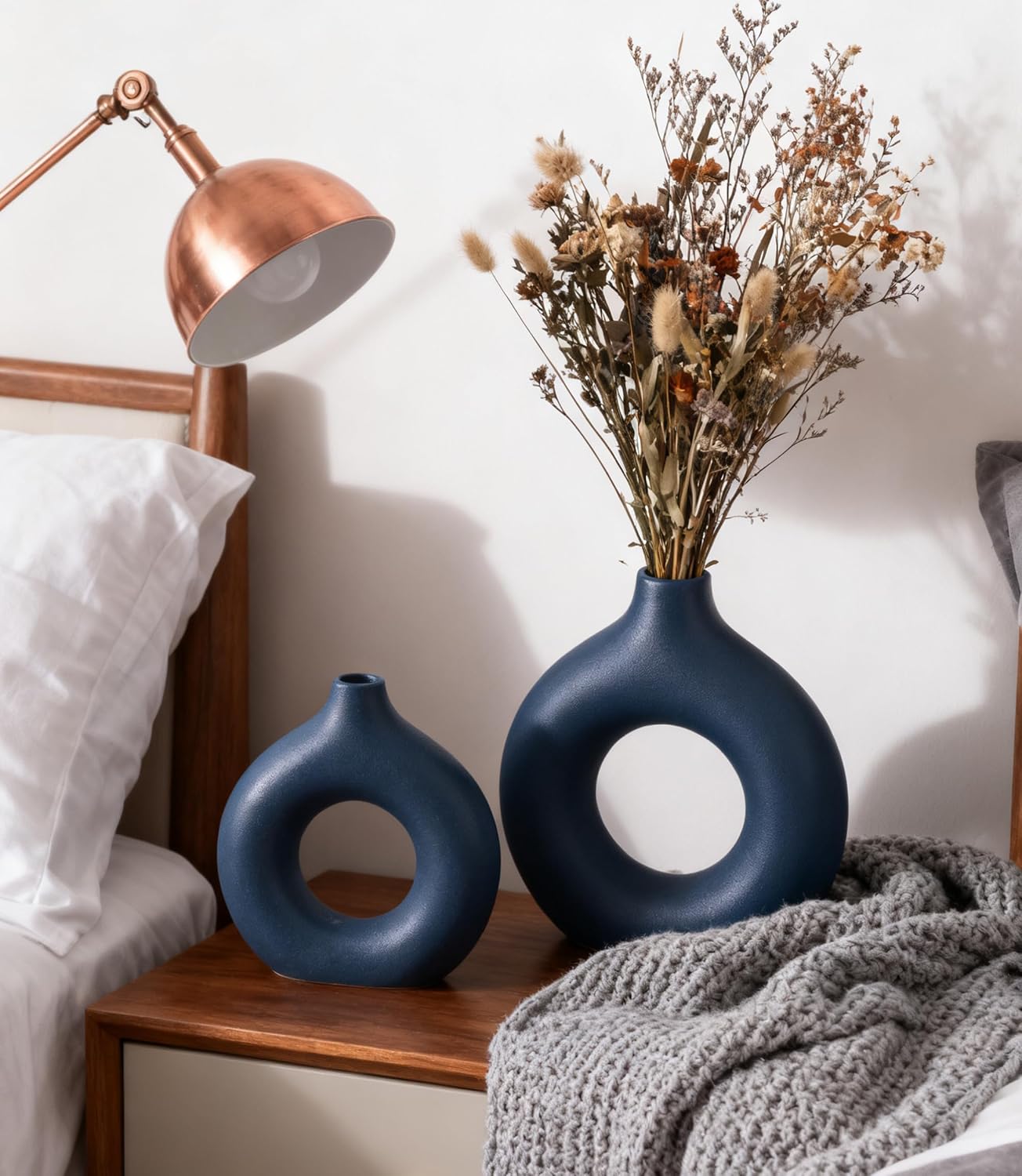 Ceramic Donut Vase Home Decor Modern Farmhouse Style Living Room Ornament / Vt11 Blue / Set of 2