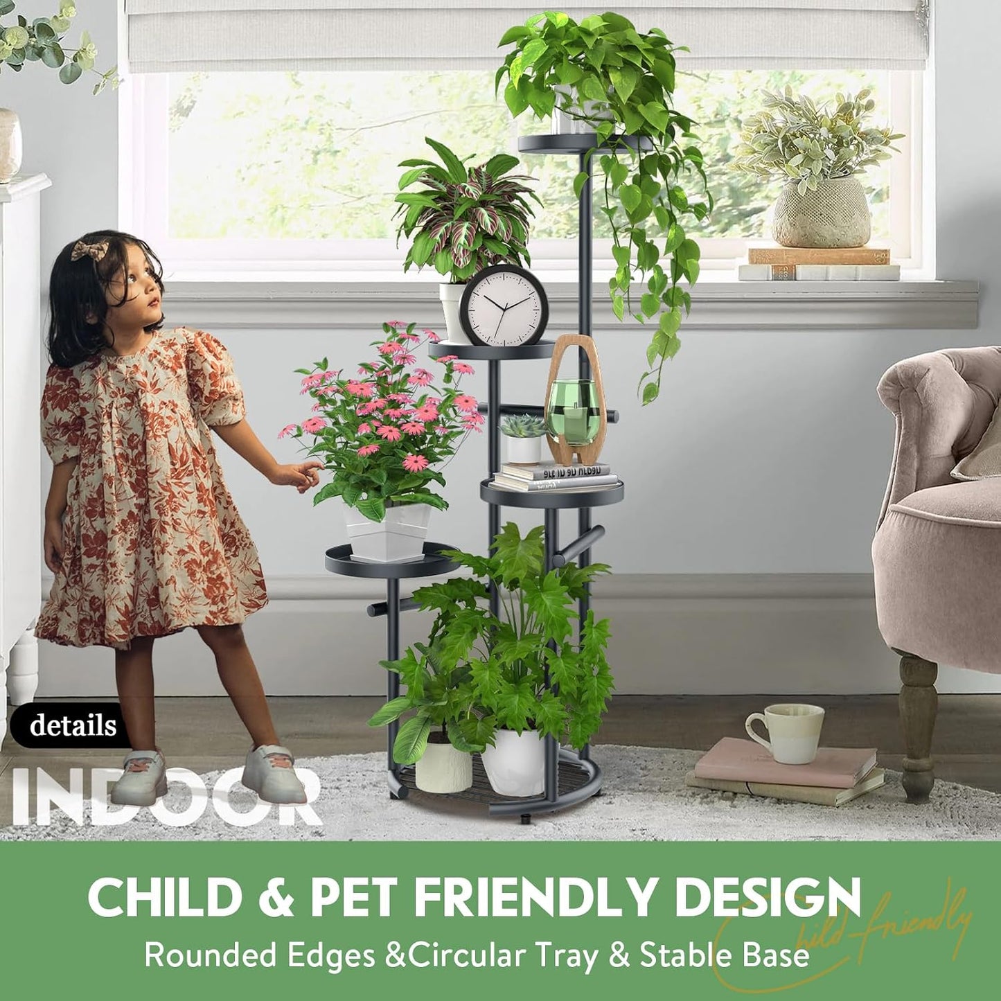 TOSKING Tall 5-Tier Round Metal Corner Plant Stand Indoor, Anti-Tip, Gray | 37.7-Inch Height, Space-Saving Design