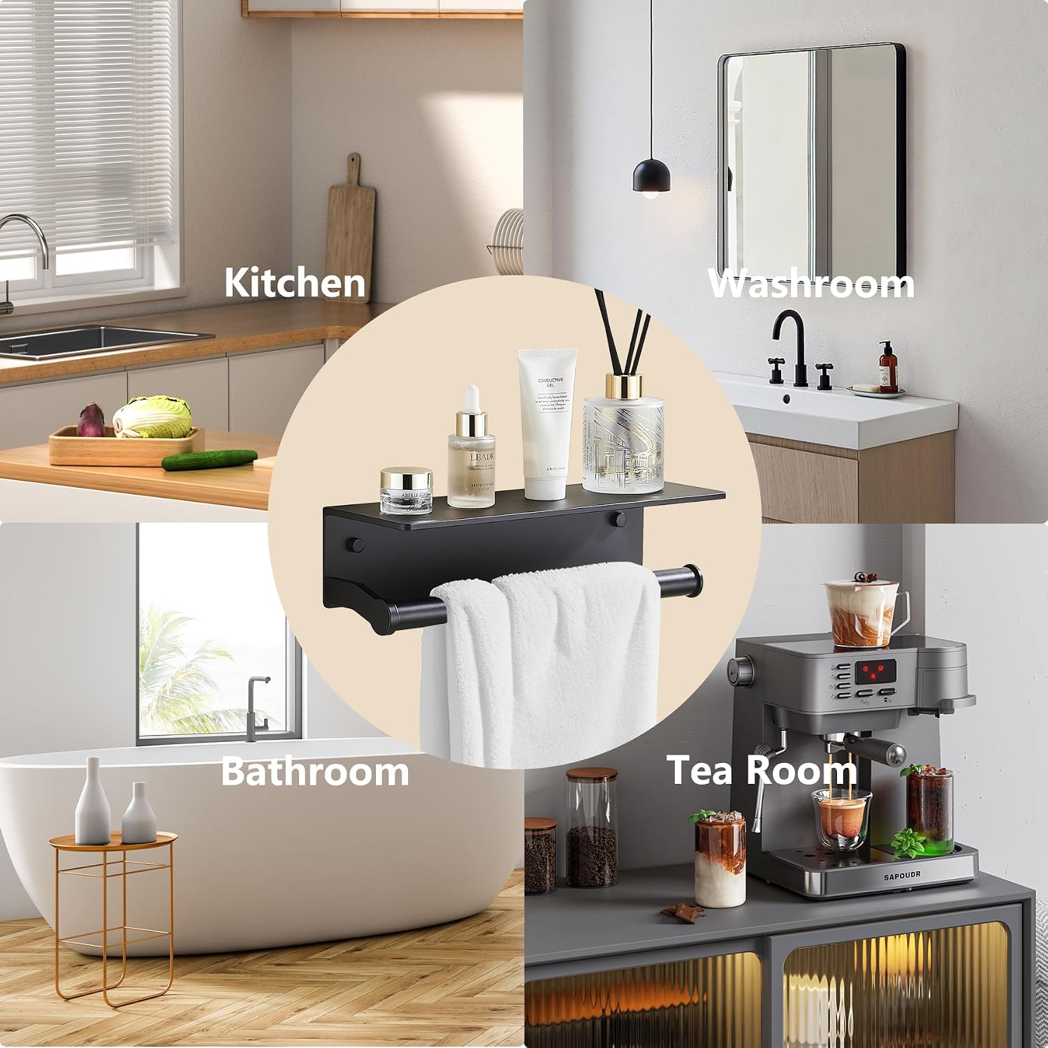 Black Paper Towel Holder Wall Mount with Thickened Shelf for Bathroom,Matte Black Adhesive Hand Towel Holder,Bathroom