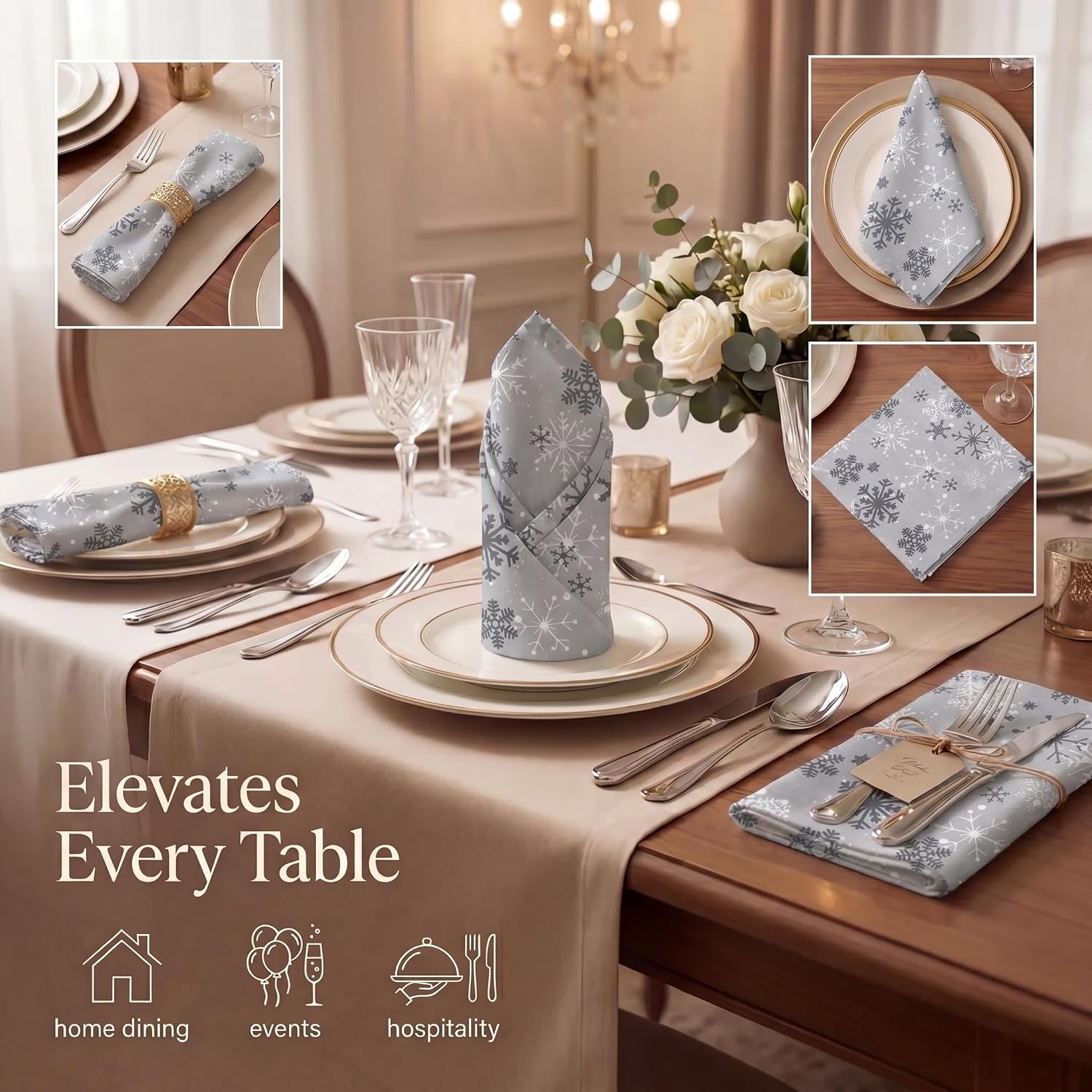 Urban Villa Cloth Napkins Cotton 20x20 (Set of 12) Grey Snow Flake